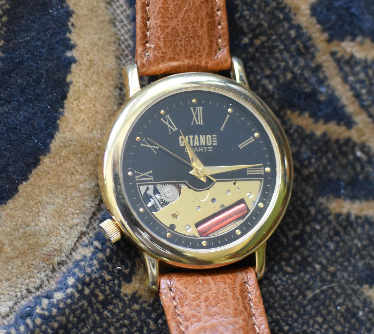 1990s Gitano Skeleton Quartz Watch: Black Roman Numeral Dial, 34mm