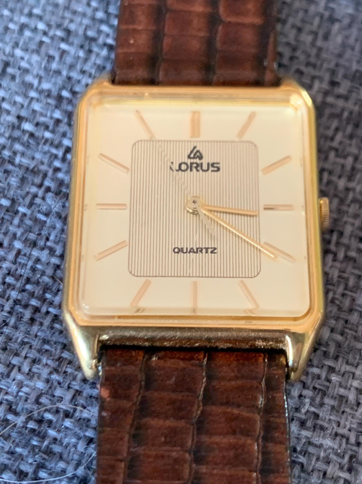 Lorus by Seiko Quartz Tank Watch - Gold Tone, with vintage brown leather Band, New Battery, Accurate, Mid-1980s. Neo Vintage Slim Tank Watch