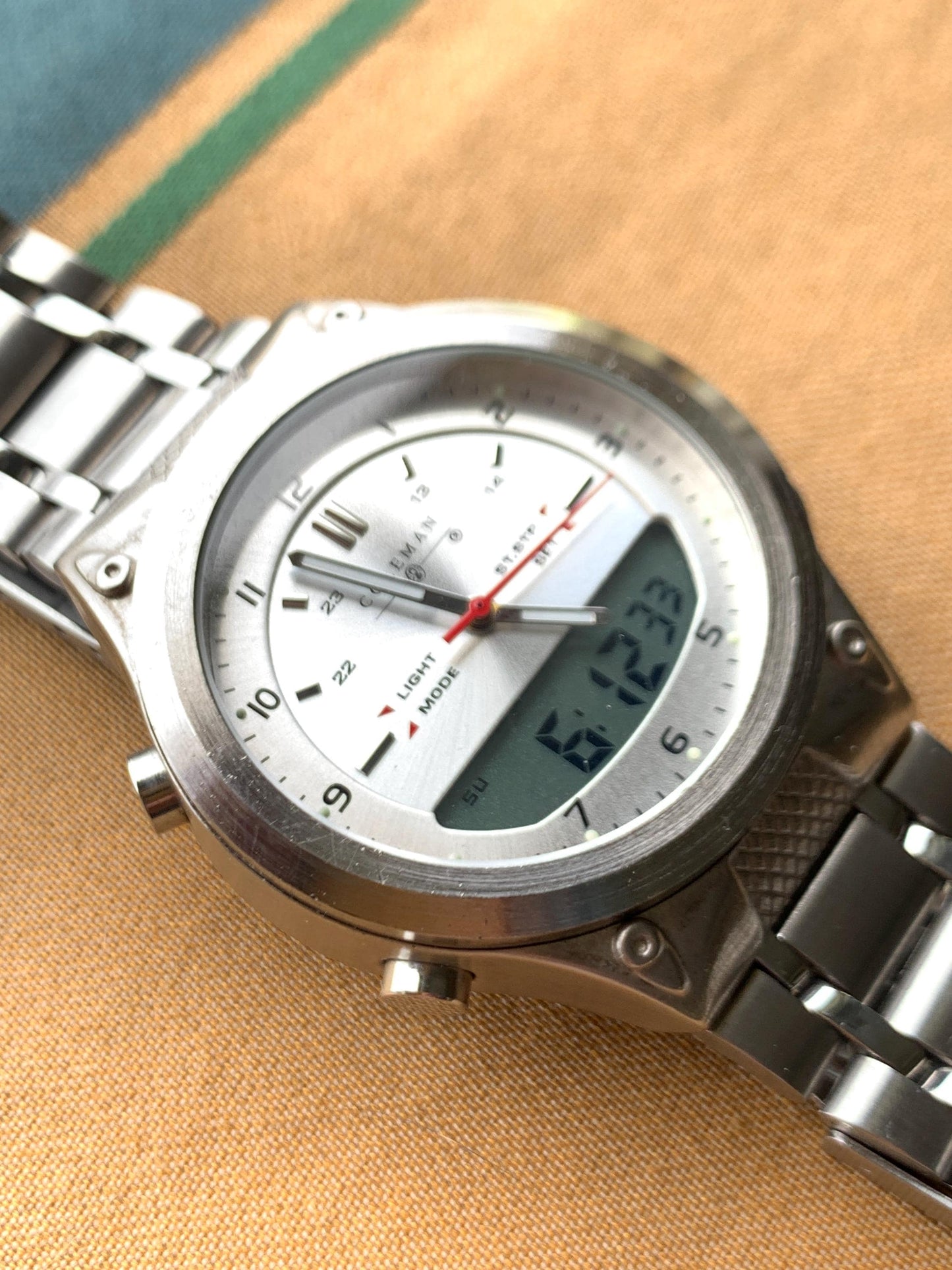 Let's Go Camping! Coleman Watch - Ani Digi, Retro, Heavy, 40mm, Thick, Red Sweep, Radiant Silver Dial, Works Well, Tested. New Battery.