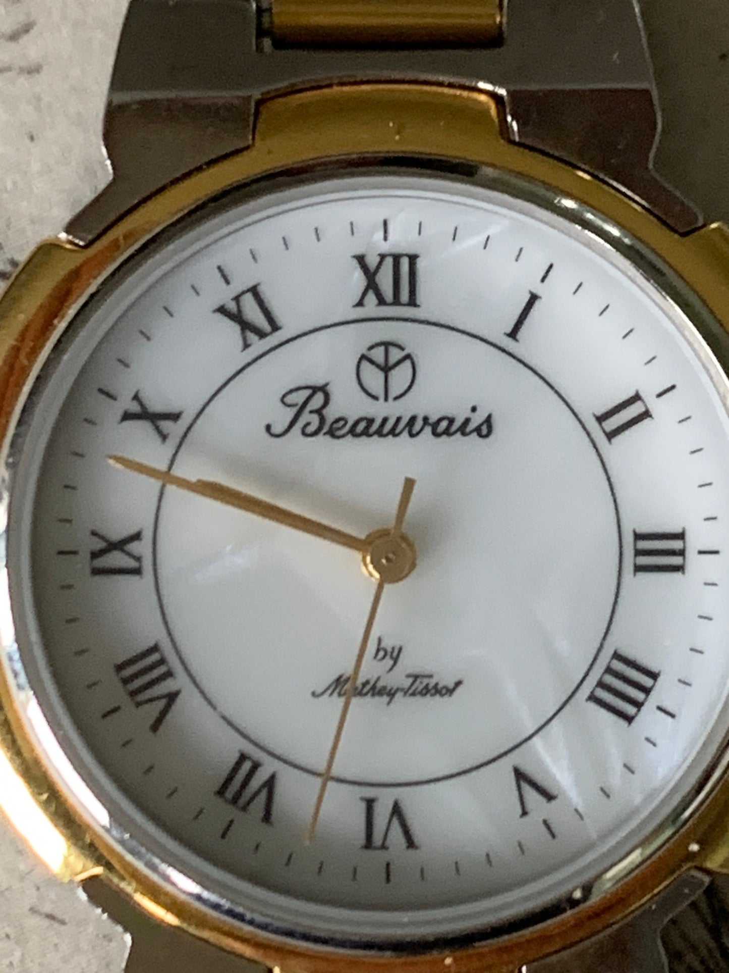 1980s Pearl Dial DuoTone Quartz Watch - Beauvais by Mathey-Tissot - Two Tone Gold & Silver, Roman Numerals, new battery, good condition.