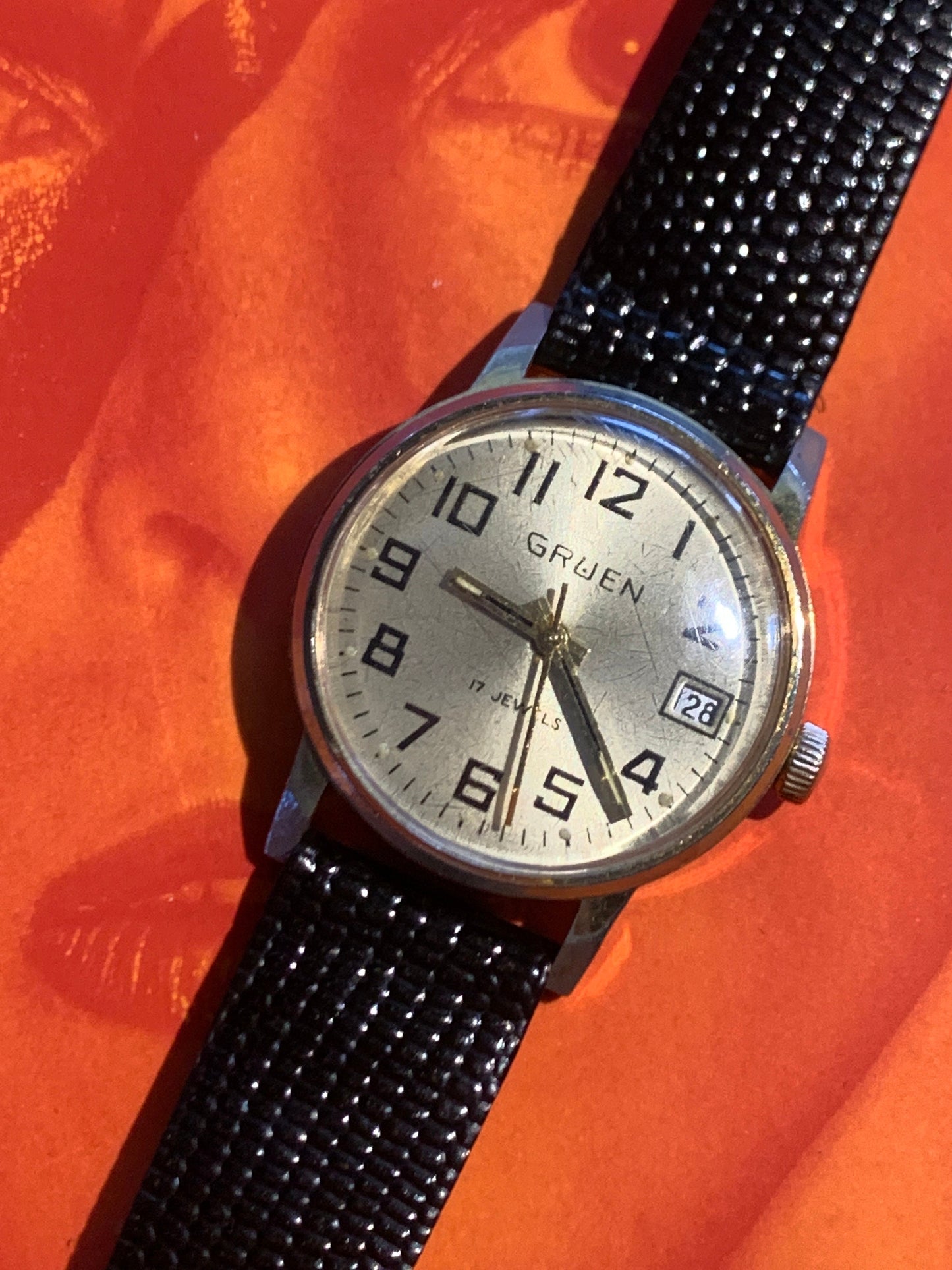 70s Vintage Gruen Winder Watch - 17 Jewels, Gold Tone, Golden Dial & Date in Good Overall Condition - NOS leather strap, runs, keeps time.