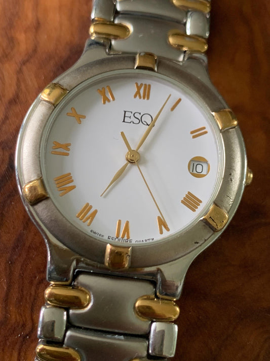 Vintage ESQ by Movado Two-Tone Watch: Roman Numerals, Butterfly Clasp