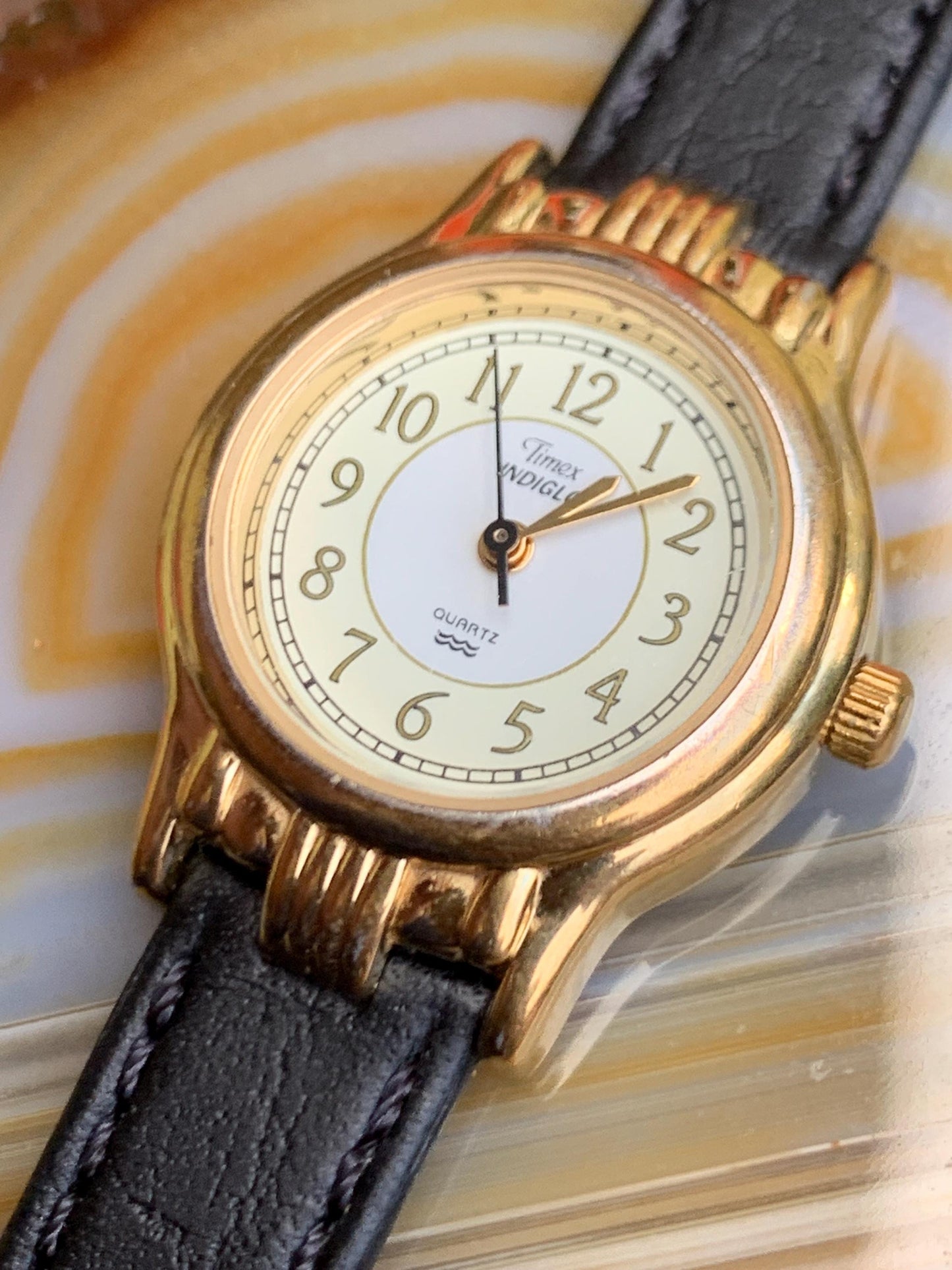 Elegant Timex Indiglo Women's Watch - 1998 Classic Two Tone Dial w/Decorative Gold Tone Fancy Lugs and Bezel. Very Good Condition.