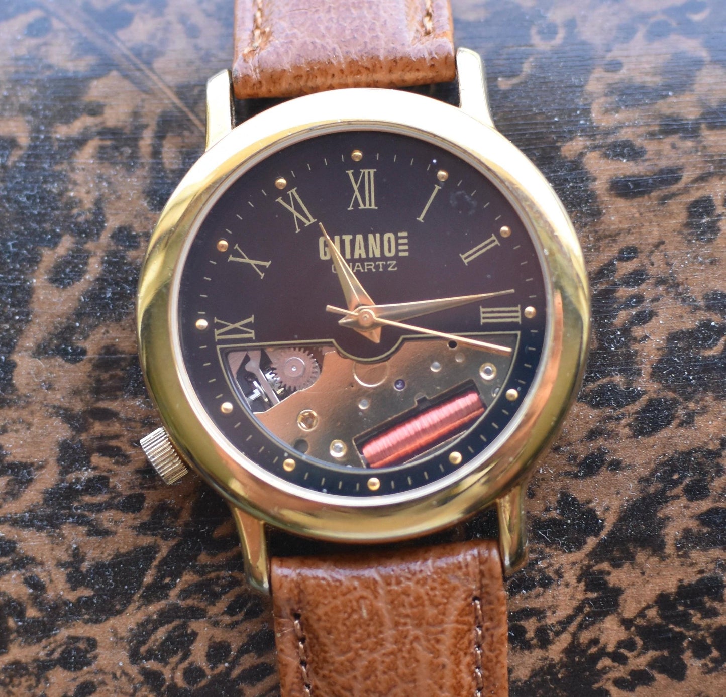 1990s Gitano Skeleton Quartz Watch: Black Roman Numeral Dial, 34mm