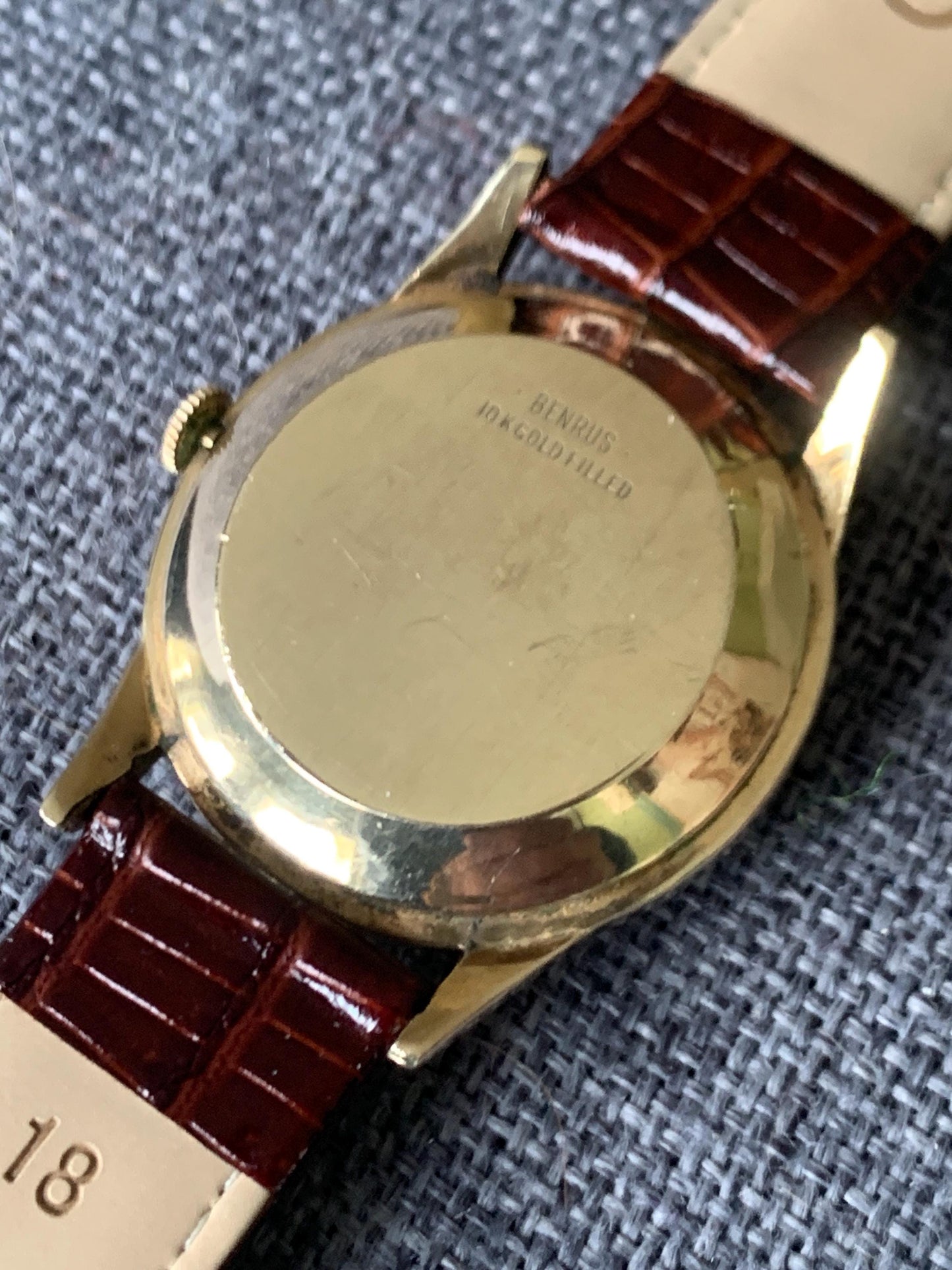 Gold Filled Benrus Three Star Self-winding Automatic Watch. 10K Gold Filled. Good working condition. Nice retro numbers, New Leather Strap.