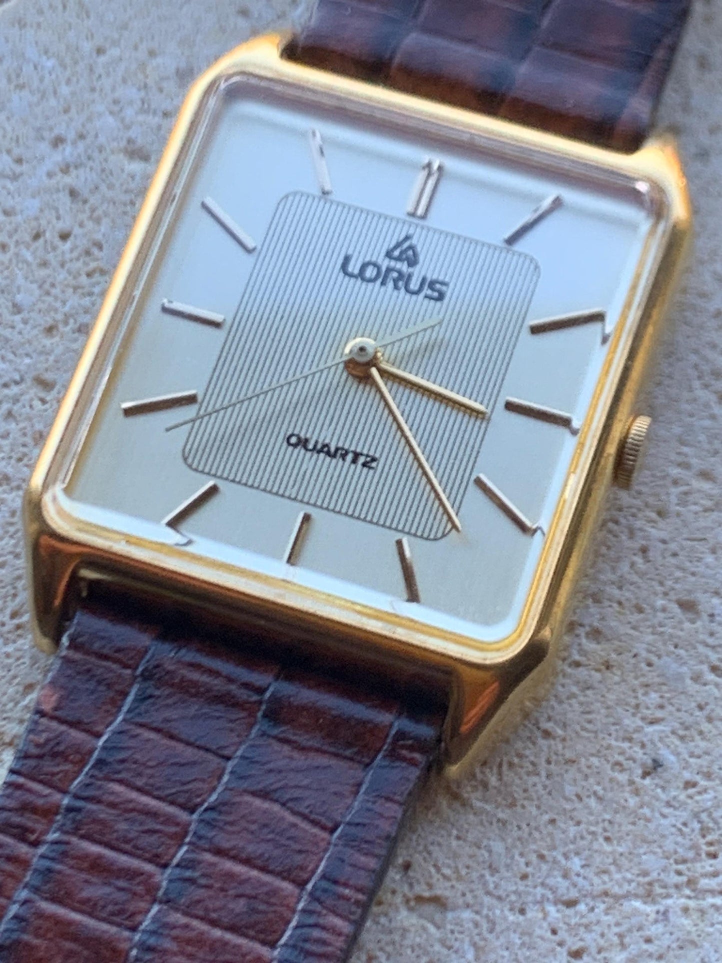 Lorus by Seiko Quartz Tank Watch - Gold Tone, with vintage brown leather Band, New Battery, Accurate, Mid-1980s. Neo Vintage Slim Tank Watch