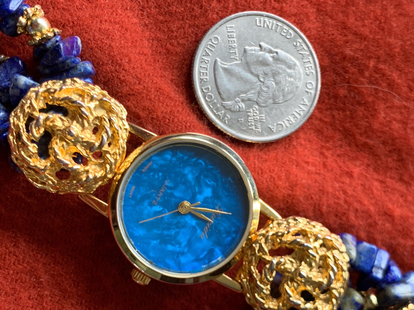 Ladies Cocktail Gemstone Bracelet Watch with Stone Dial. Lapis Lazuli Stone Bracelet with Lucida Stone Dial Watch, New Batt, 1990s Unique