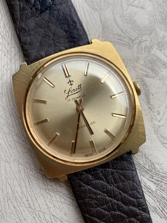 Early 70s Swiss Made Lorett Winder Watch - Square Gold Tone w/ Radiant Dial  Vintage Style Leather Strap. Incabloc. Works. Slim. Cool.