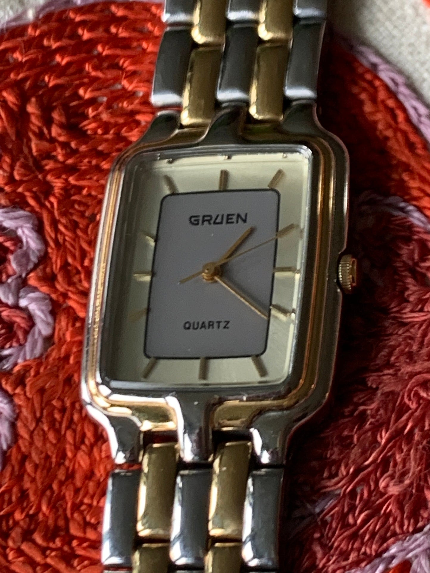 Neo-Vintage: 1980s Gruen Two Tone Metal Tank Watch - Barely worn, new battery, keeps time well.  Retro flair! 001-6L32