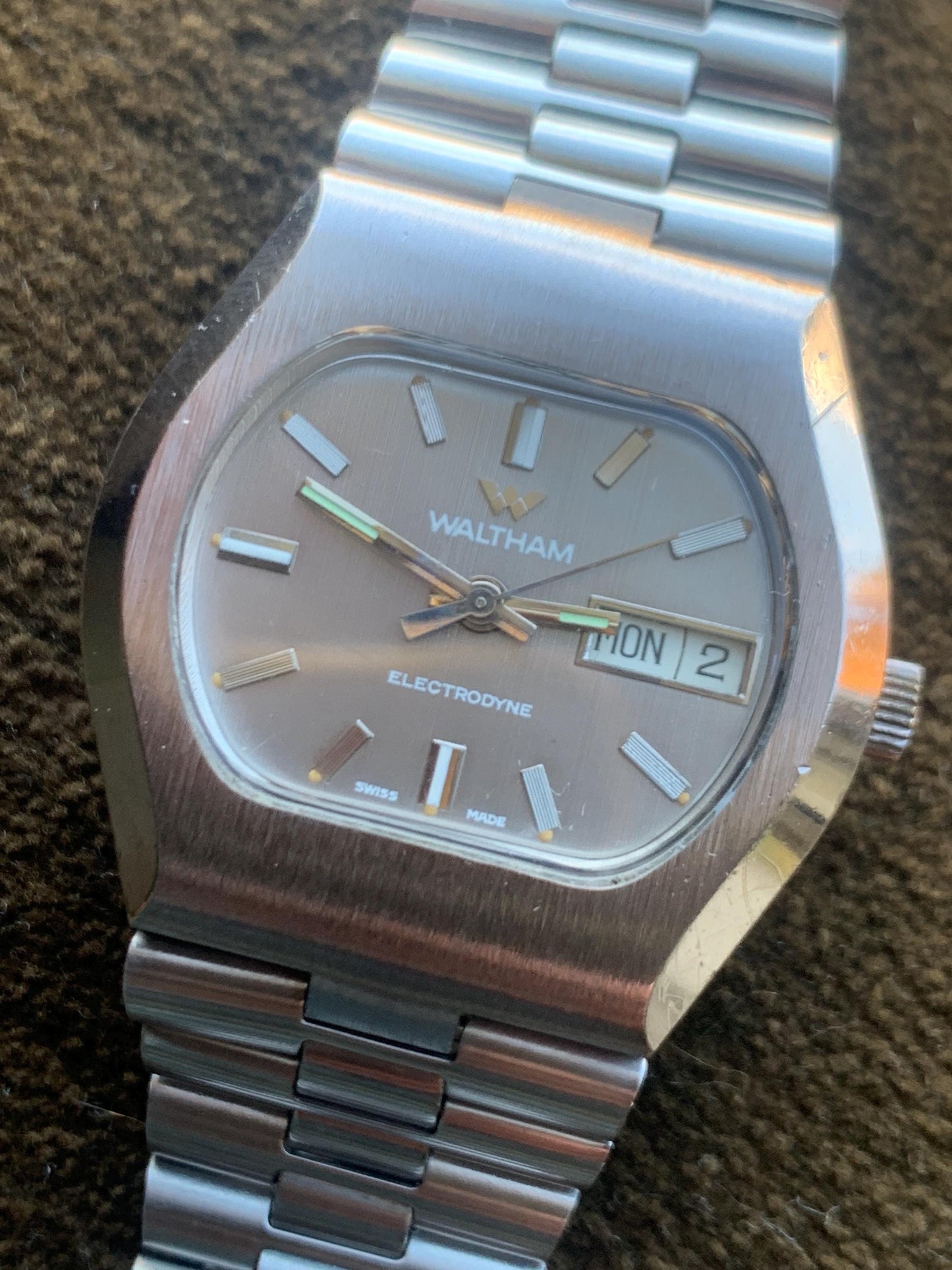 1970s Cool Waltham Electrodyne. TV Style Bezel  and Dial. Silver Tone, Day & Date. Original Bracelet! Heavy, Bold Design. Immaculate.