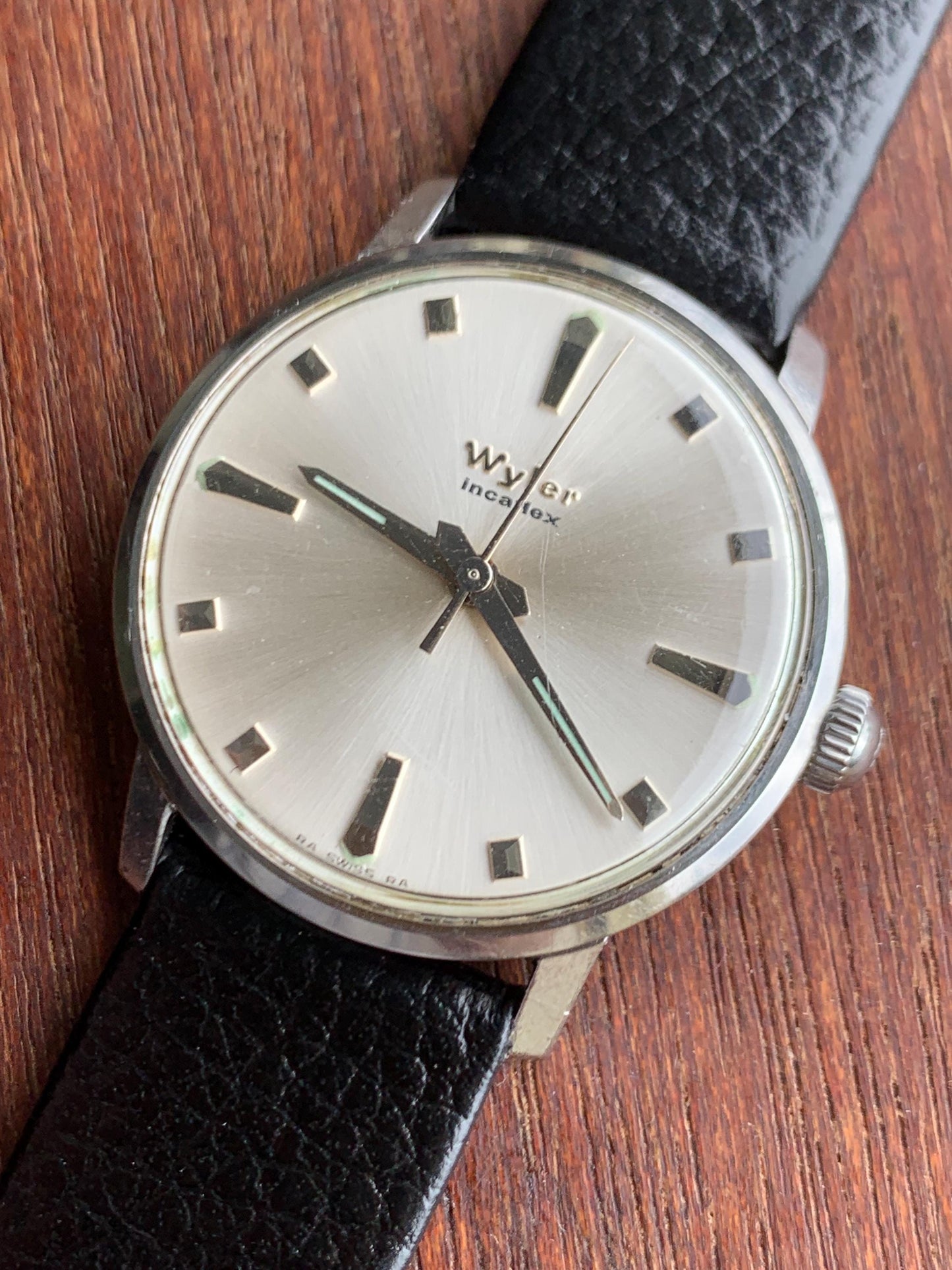 Mid-1960s Wyler Winder Watch - Swiss Made Silver Radiant Dial with New Vintage Style Calf Leather Black Strap. Incaflex. Works. MSM Style!