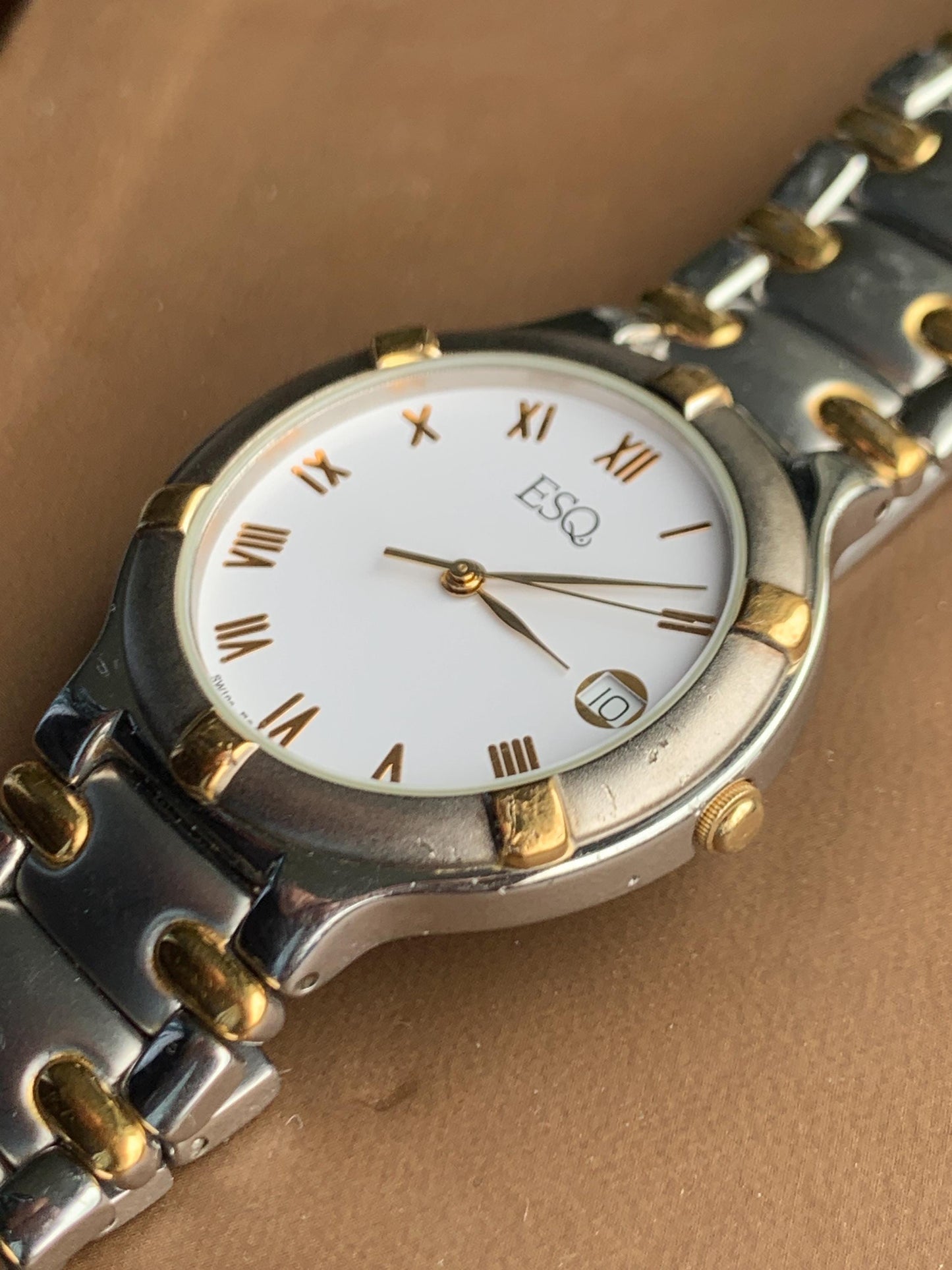 Vintage ESQ by Movado Two-Tone Watch: Roman Numerals, Butterfly Clasp