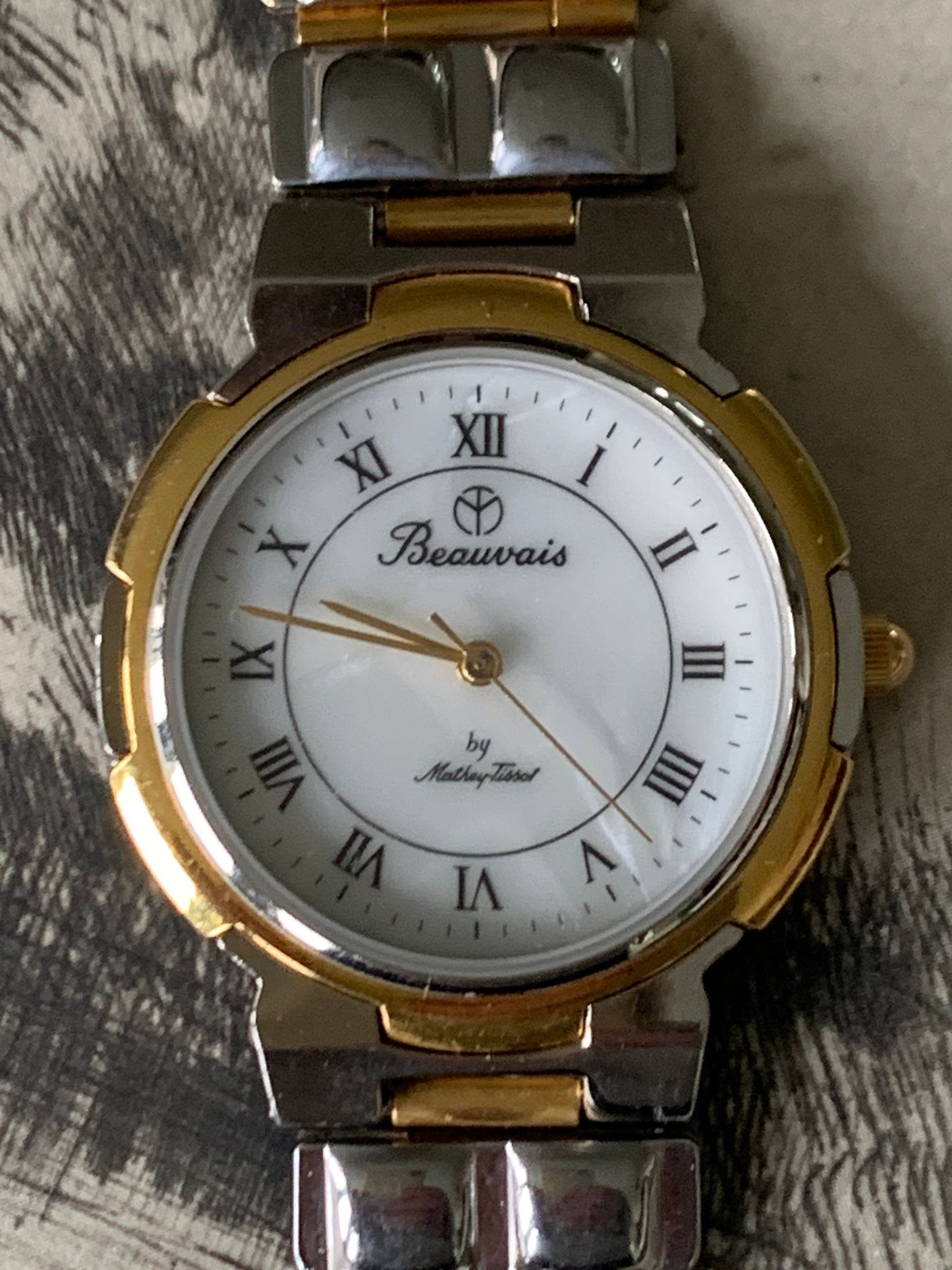 1980s Pearl Dial DuoTone Quartz Watch - Beauvais by Mathey-Tissot - Two Tone Gold & Silver, Roman Numerals, new battery, good condition.