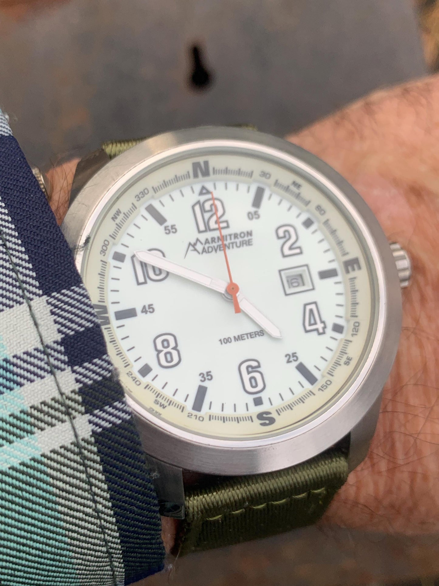 HUGE Armitron Adventure Watch - Brushed Metal, White Glowing Night Dial, 46mm! Date, Works Well, New Green Nylon Strap. New Batt. Outdoorsy