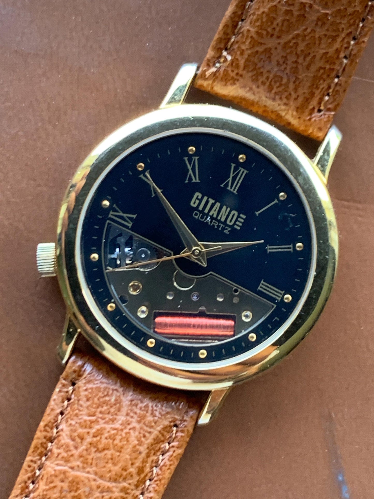 1990s Gitano Skeleton Quartz Watch: Black Roman Numeral Dial, 34mm