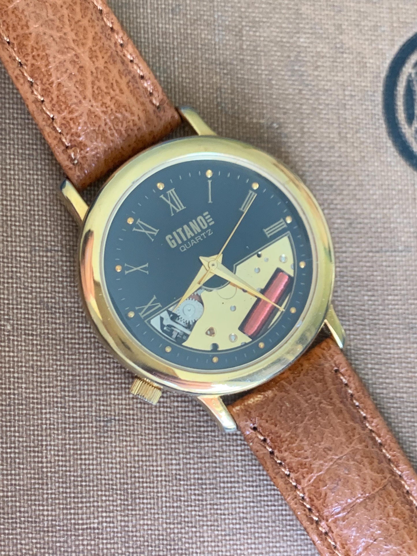 1990s Gitano Skeleton Quartz Watch: Black Roman Numeral Dial, 34mm