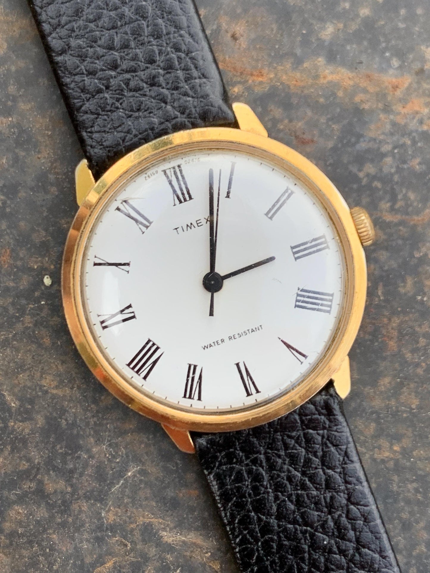 Classic 1976 Timex Marlin Roman Winder Watch. White Dial with Roman Numeral Indices. Good Condition Mechanical Winder, works. New Leather.