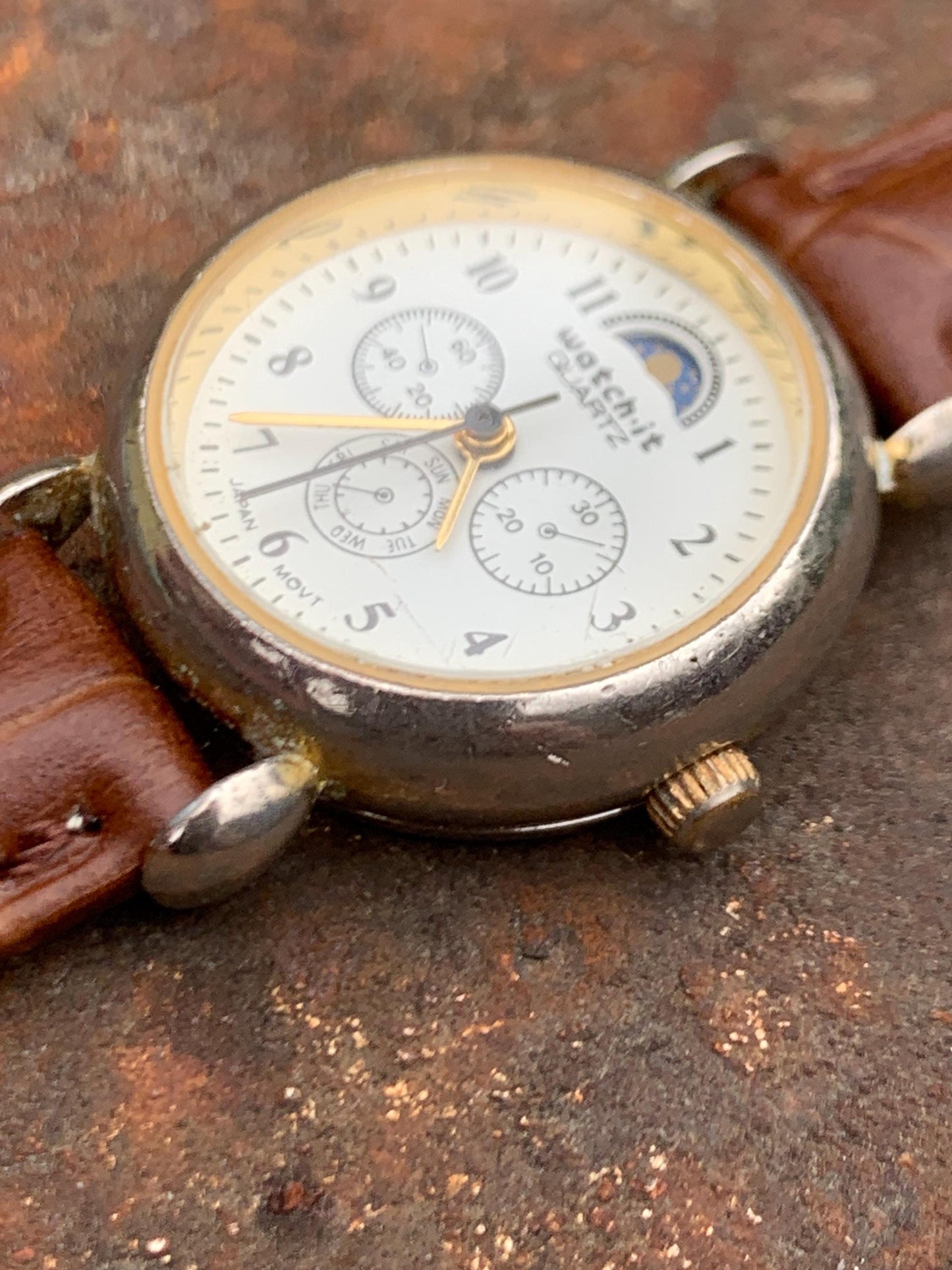 Many Many Moons Moon Phase Women's Quartz Watch - Watch-It Brand by Nelsonic. New battery. True Moon Month. Good but quite worn condition.