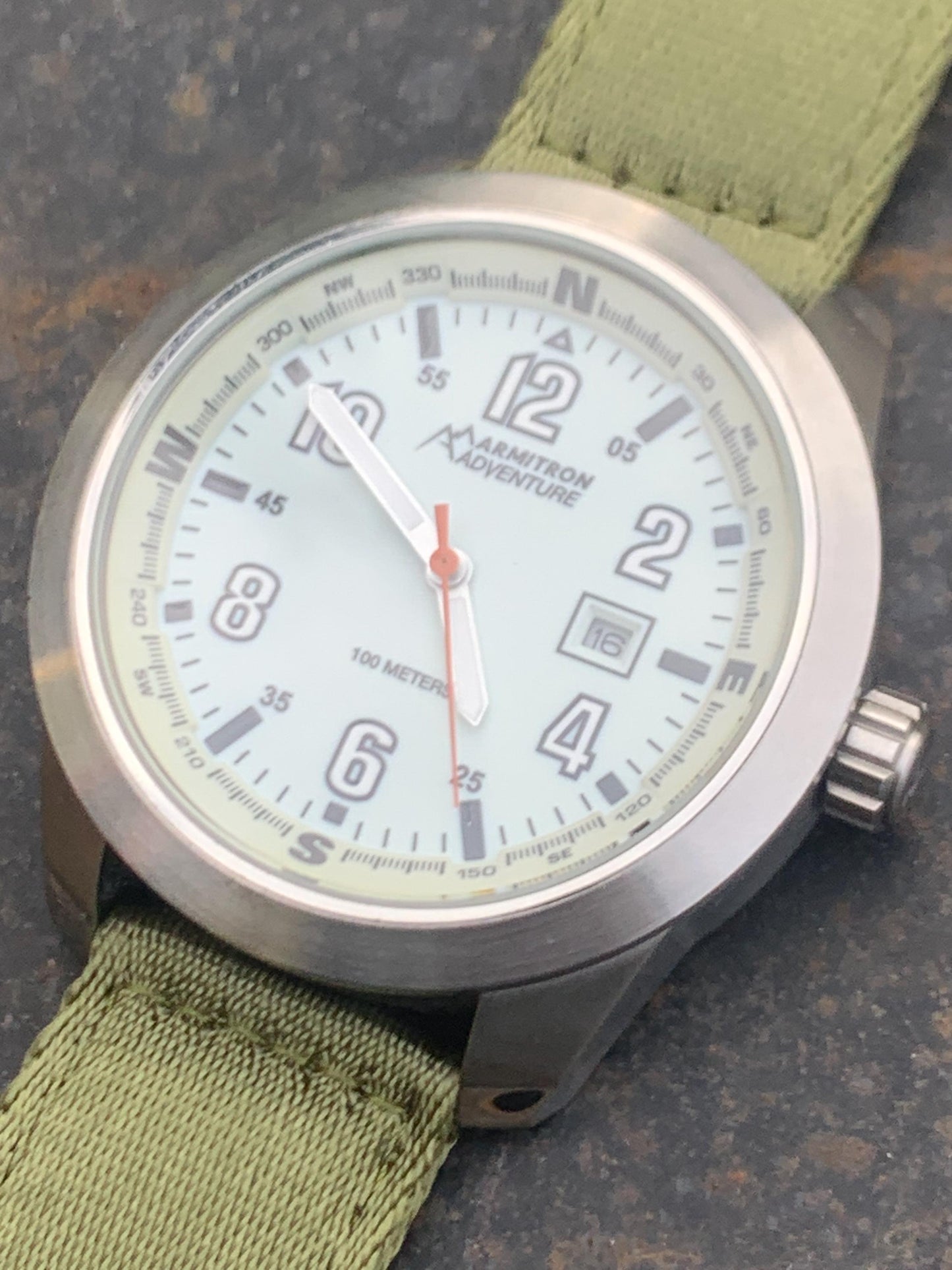 HUGE Armitron Adventure Watch - Brushed Metal, White Glowing Night Dial, 46mm! Date, Works Well, New Green Nylon Strap. New Batt. Outdoorsy