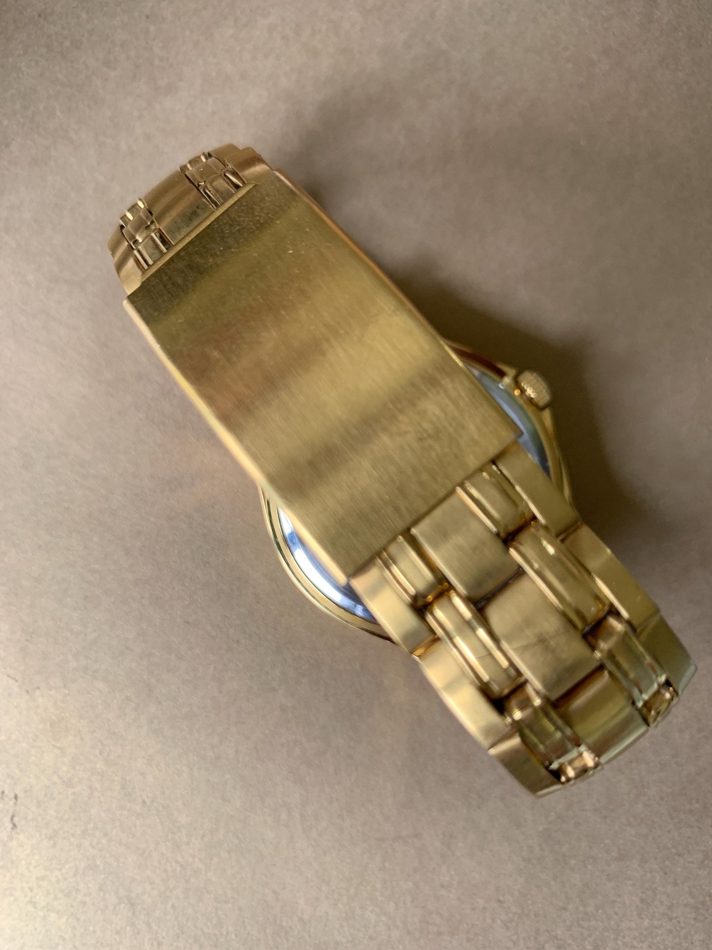 NOS 1990s Gruen Gold Tone Watch with Black Dial & Cufflinks