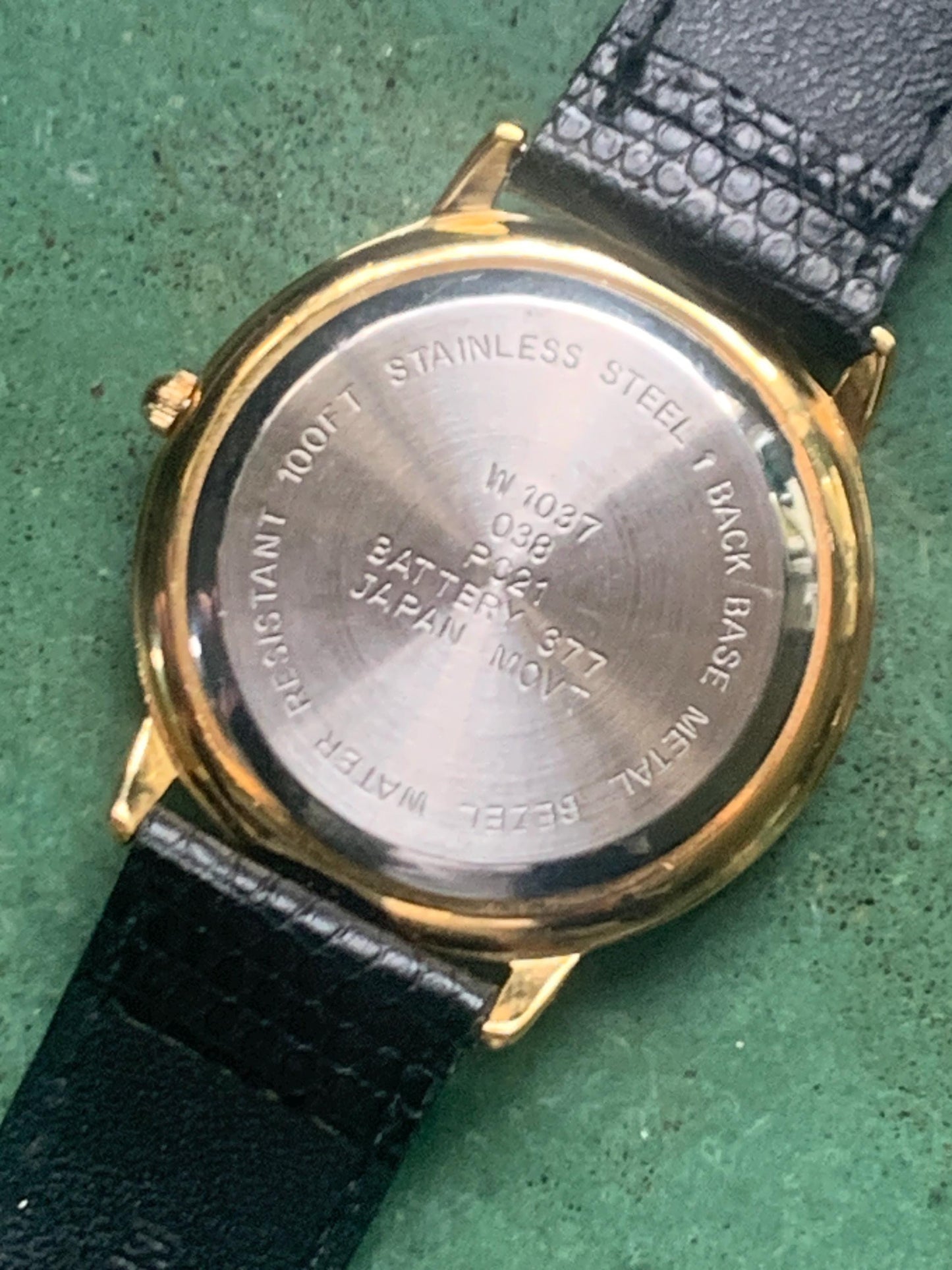 Prestige by Waltham Diamond Dial Quartz Watch.  Gold Tone with striped dial, black and deep blue. Classic Retro Style. Leather Band. Unworn.