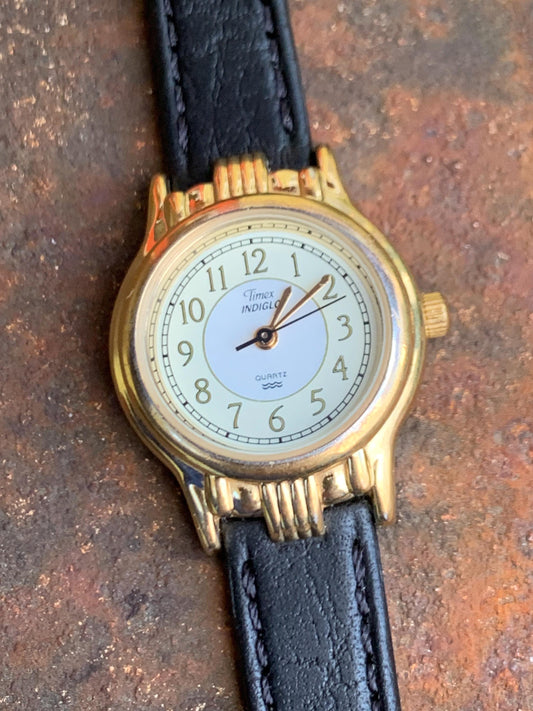 Elegant Timex Indiglo Women's Watch - 1998 Classic Two Tone Dial w/Decorative Gold Tone Fancy Lugs and Bezel. Very Good Condition.