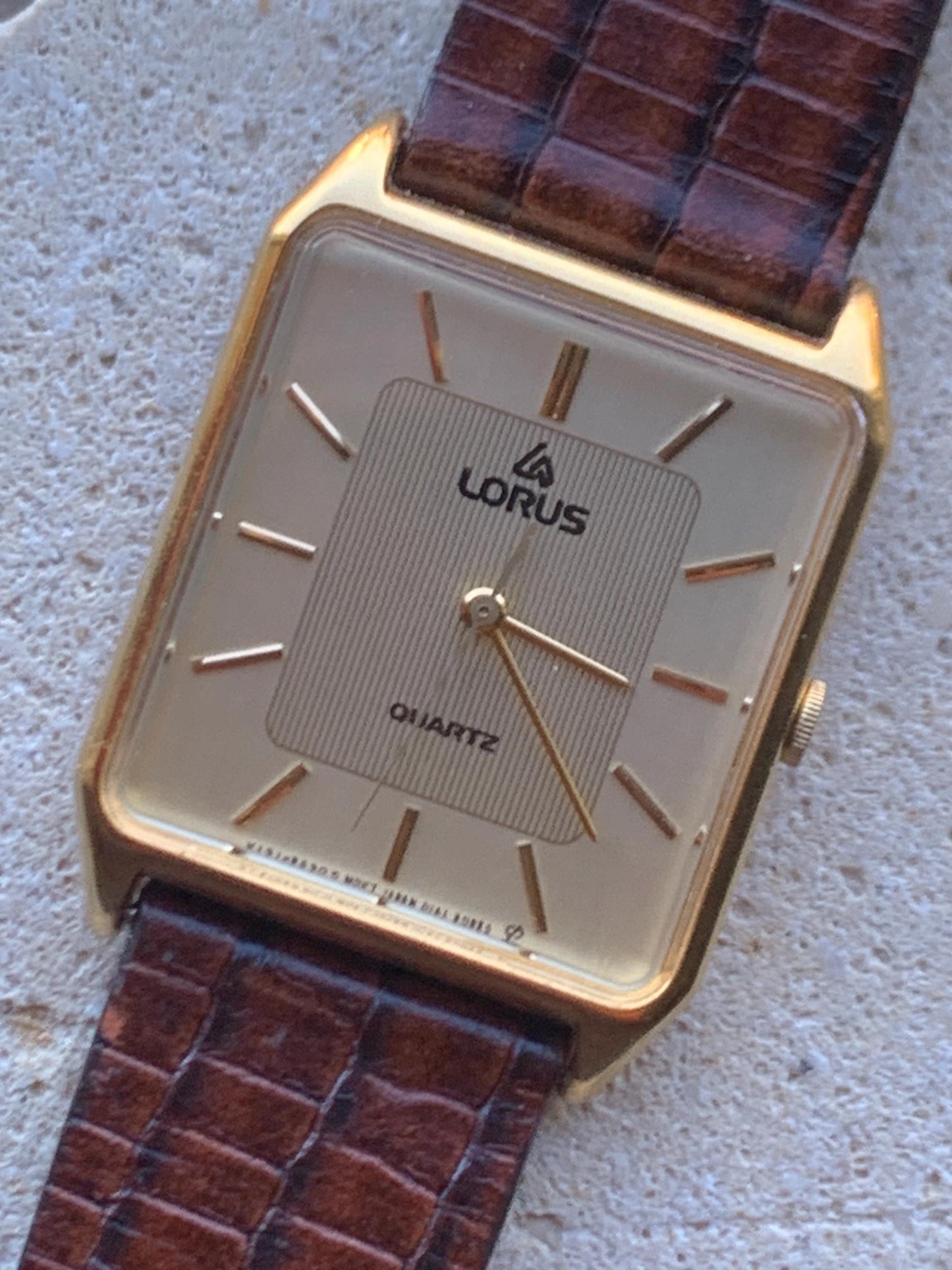 Lorus by Seiko Quartz Tank Watch - Gold Tone, with vintage brown leather Band, New Battery, Accurate, Mid-1980s. Neo Vintage Slim Tank Watch