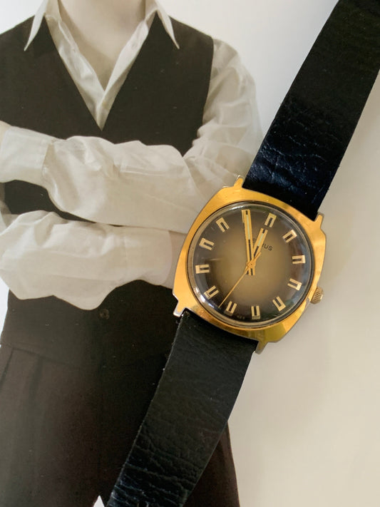 Stunning 1970's Style - Square Benrus Winder with Radiant Dial, Bold Unique Hands and Indices, Vintage Gently Worn Leather Strap. Bold.