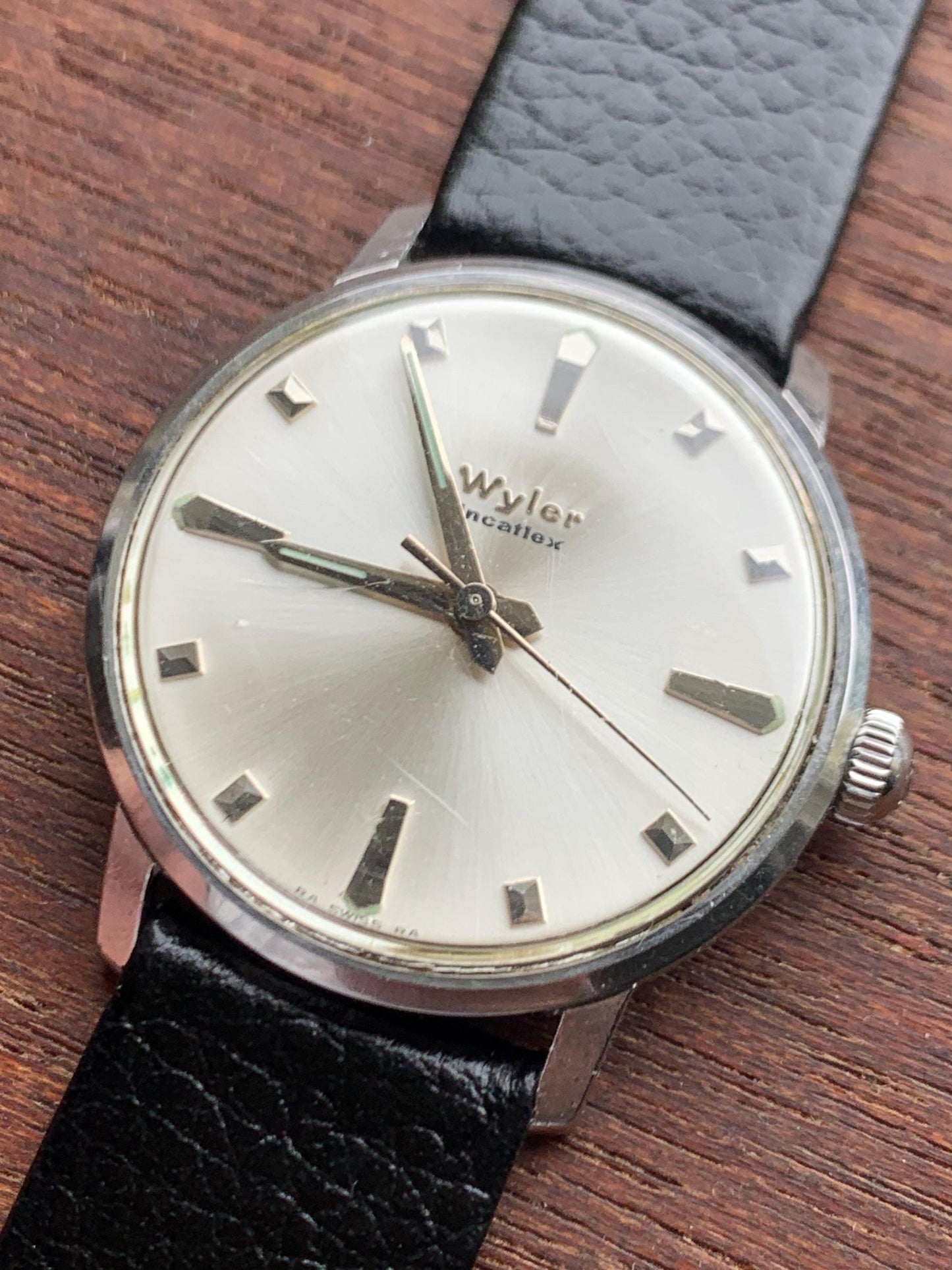 Mid-1960s Wyler Winder Watch - Swiss Made Silver Radiant Dial with New Vintage Style Calf Leather Black Strap. Incaflex. Works. MSM Style!