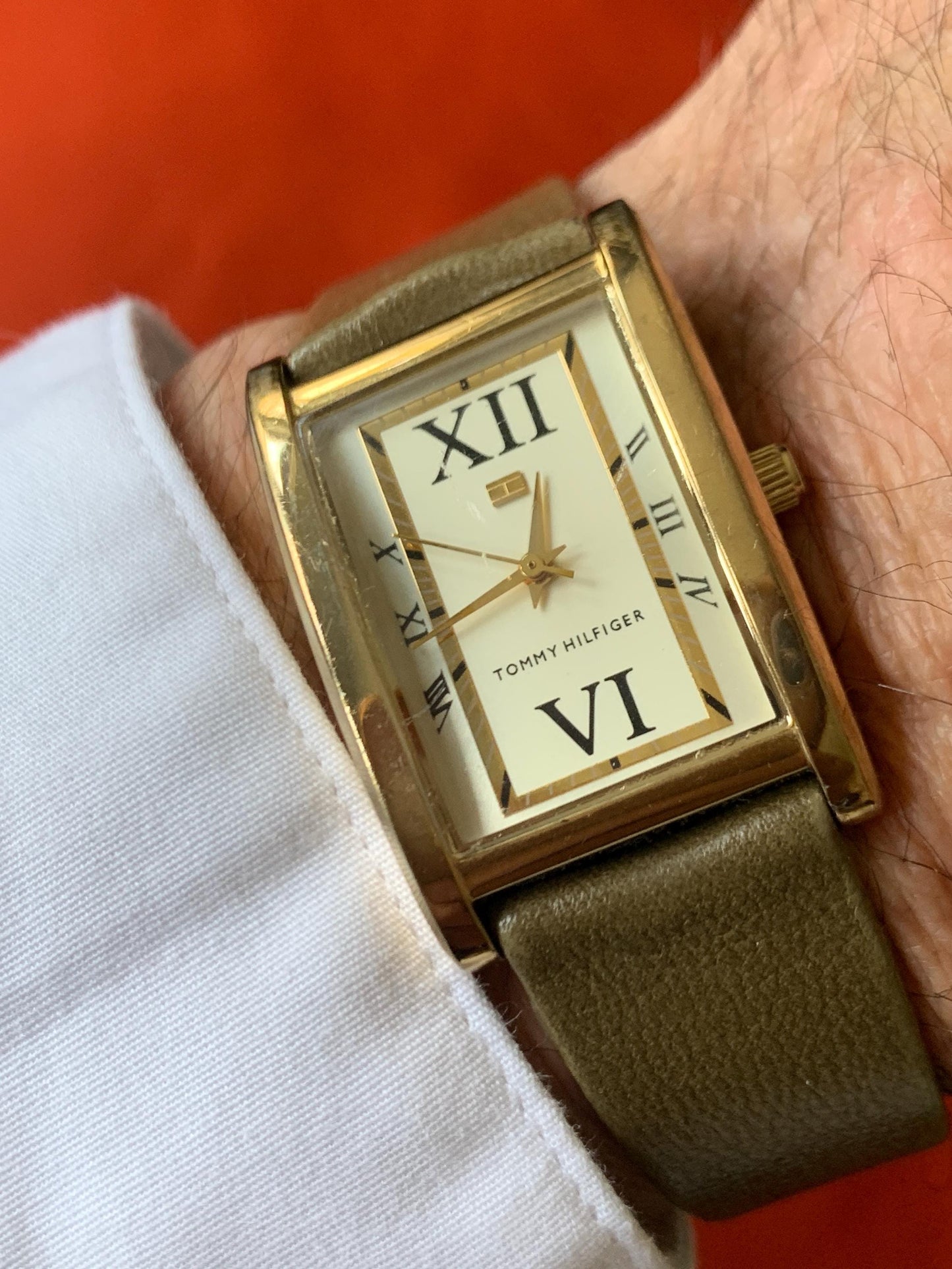 Late 90s Retro-Style Tank Watch: Gold Tone Tommy Hilfiger Tank Watch w/Classic Roman Numerals, Gold Dial. Period  Leather Band, New Battery.