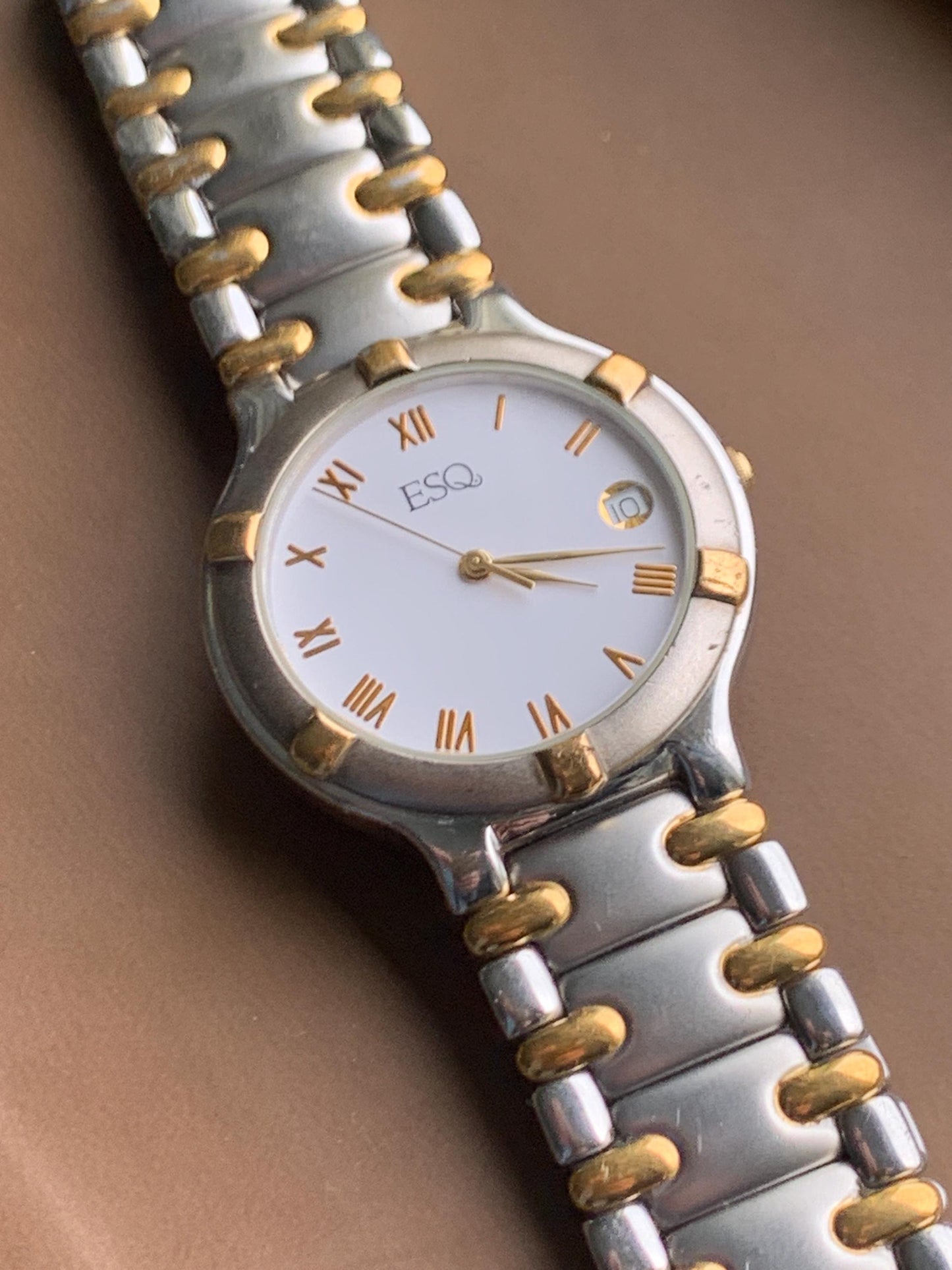 Vintage ESQ by Movado Two-Tone Watch: Roman Numerals, Butterfly Clasp