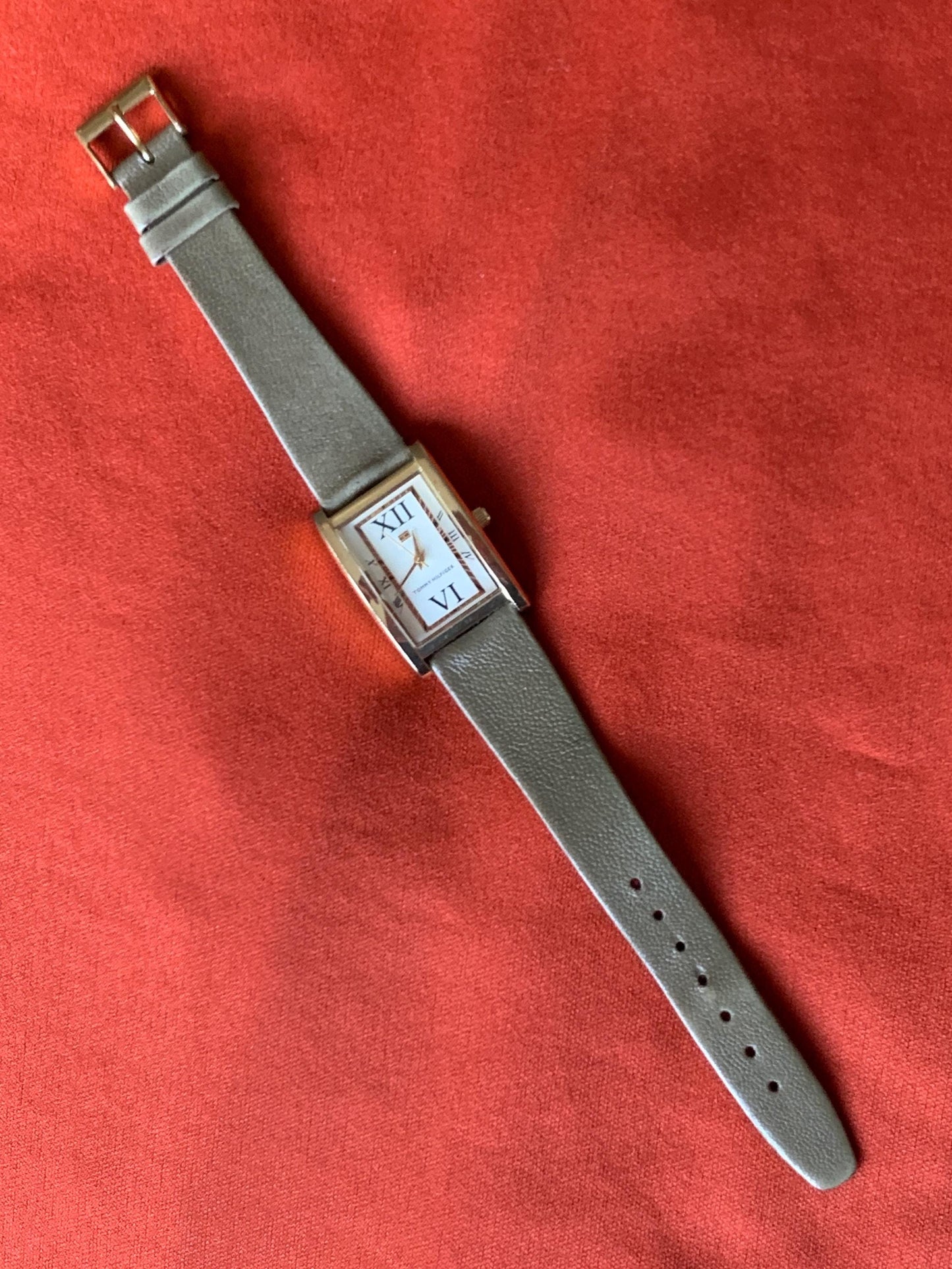 Late 90s Retro-Style Tank Watch: Gold Tone Tommy Hilfiger Tank Watch w/Classic Roman Numerals, Gold Dial. Period  Leather Band, New Battery.