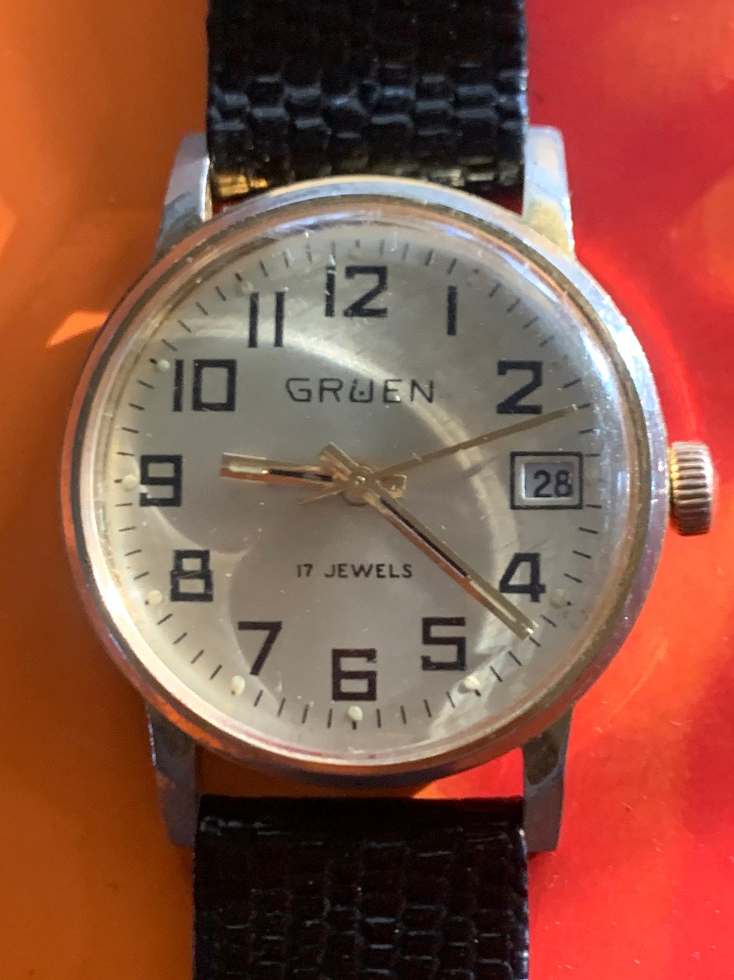 70s Vintage Gruen Winder Watch - 17 Jewels, Gold Tone, Golden Dial & Date in Good Overall Condition - NOS leather strap, runs, keeps time.