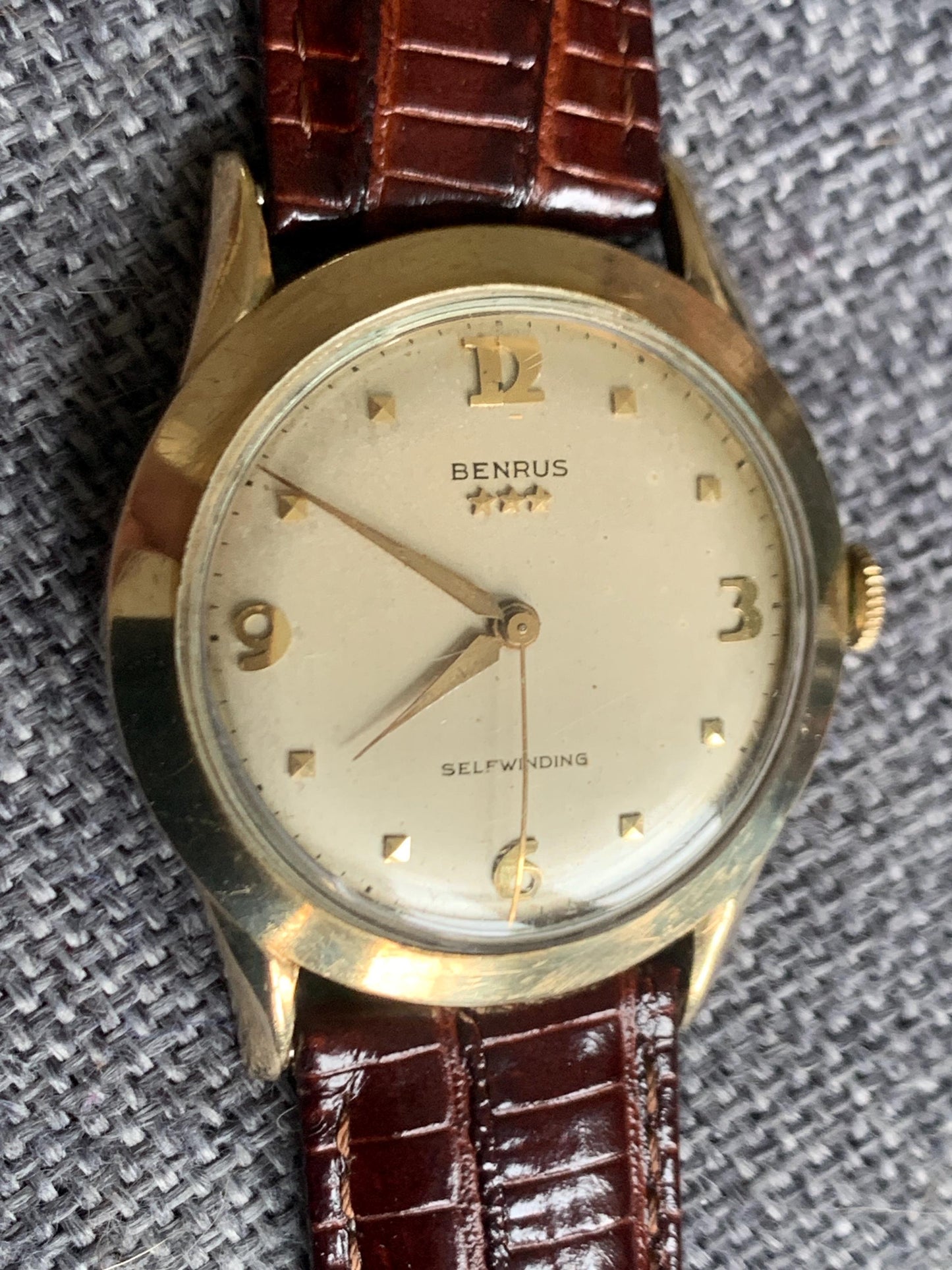 Gold Filled Benrus Three Star Self-winding Automatic Watch. 10K Gold Filled. Good working condition. Nice retro numbers, New Leather Strap.