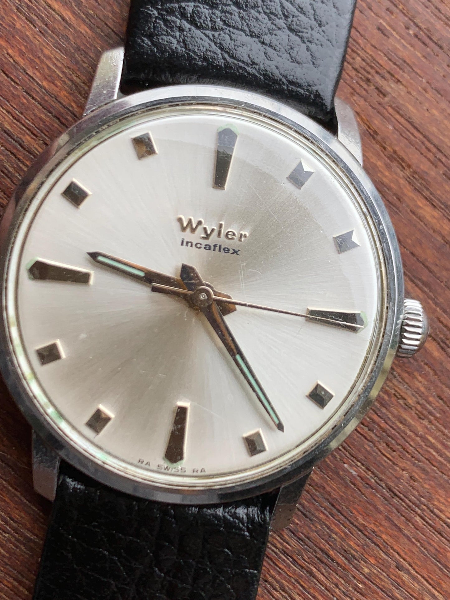 Mid-1960s Wyler Winder Watch - Swiss Made Silver Radiant Dial with New Vintage Style Calf Leather Black Strap. Incaflex. Works. MSM Style!