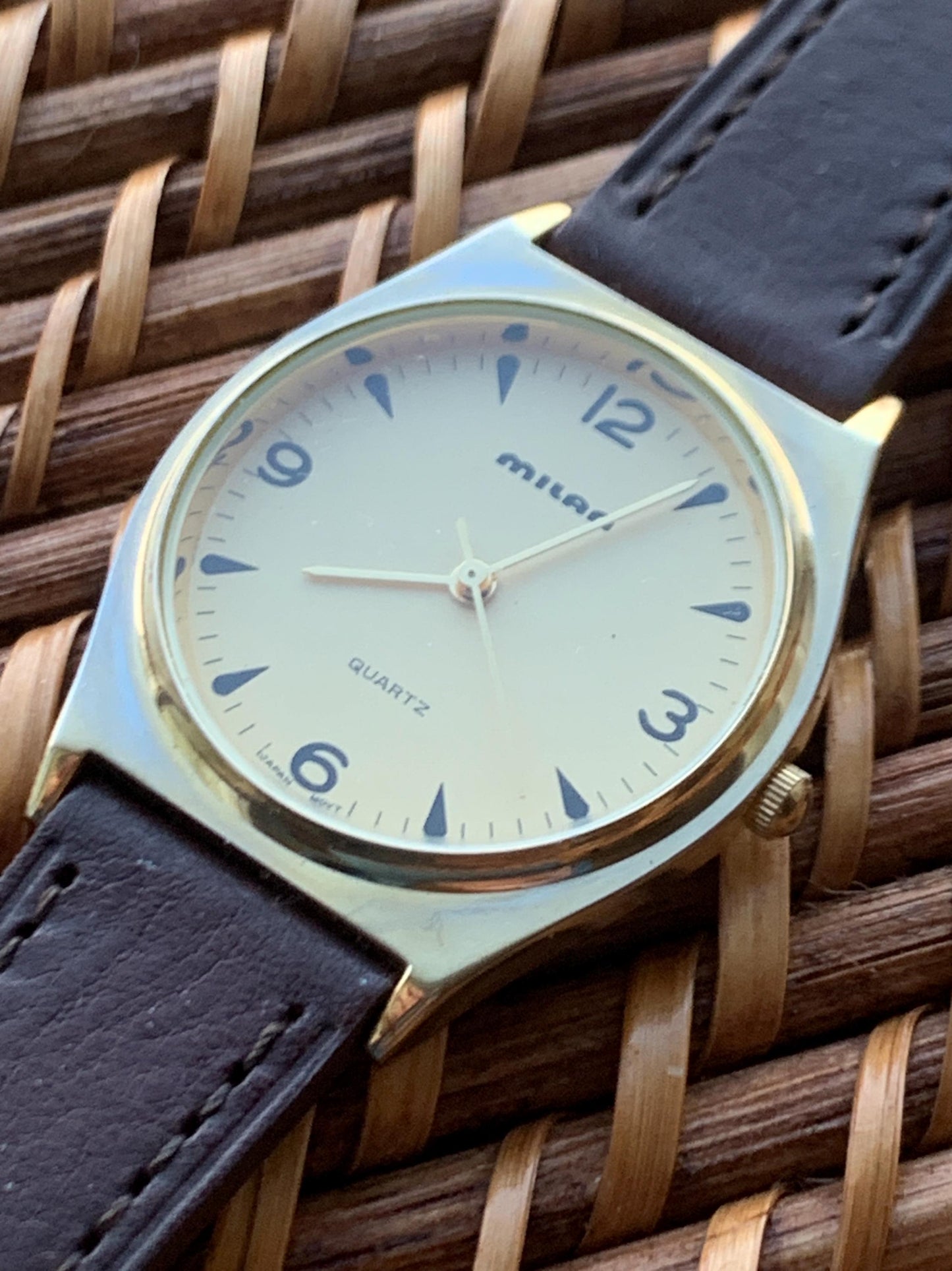 1990s Milan Quartz Watch. Super Shiny Gold tone. Retro Vintage. New Leather Band, Gold Dial. Great Retro Modernist Design, New Battery.