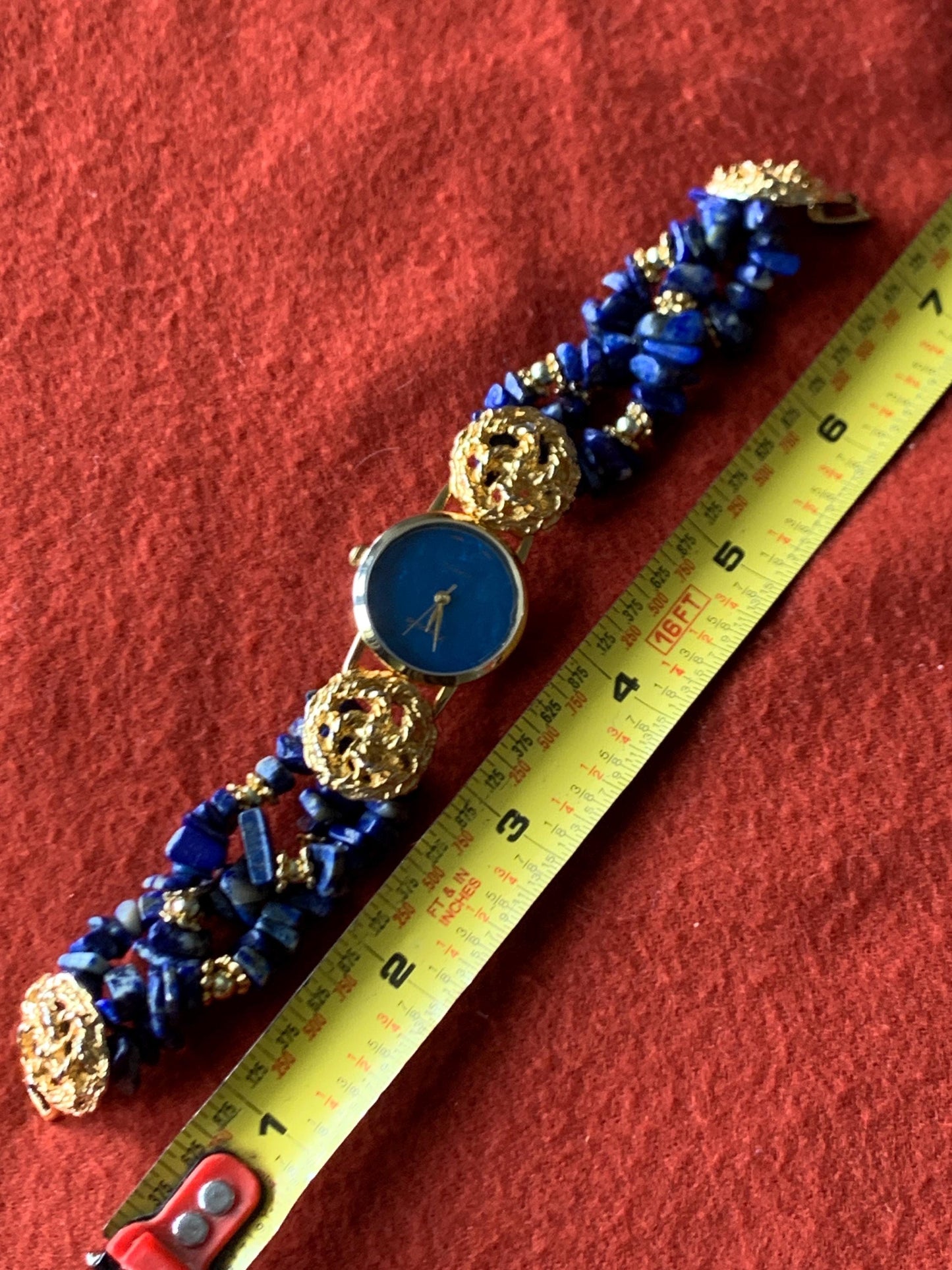 Ladies Cocktail Gemstone Bracelet Watch with Stone Dial. Lapis Lazuli Stone Bracelet with Lucida Stone Dial Watch, New Batt, 1990s Unique