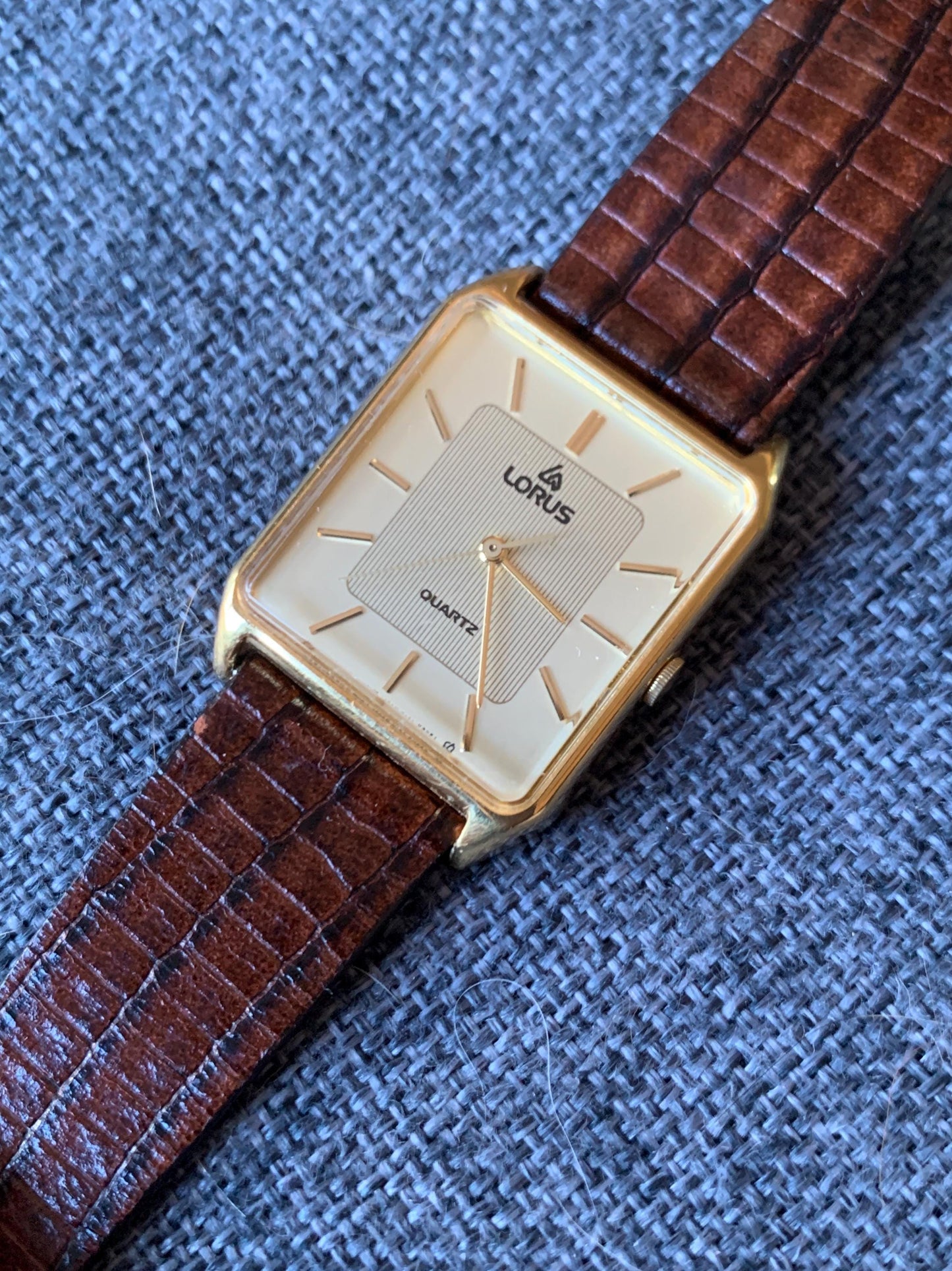 Lorus by Seiko Quartz Tank Watch - Gold Tone, with vintage brown leather Band, New Battery, Accurate, Mid-1980s. Neo Vintage Slim Tank Watch