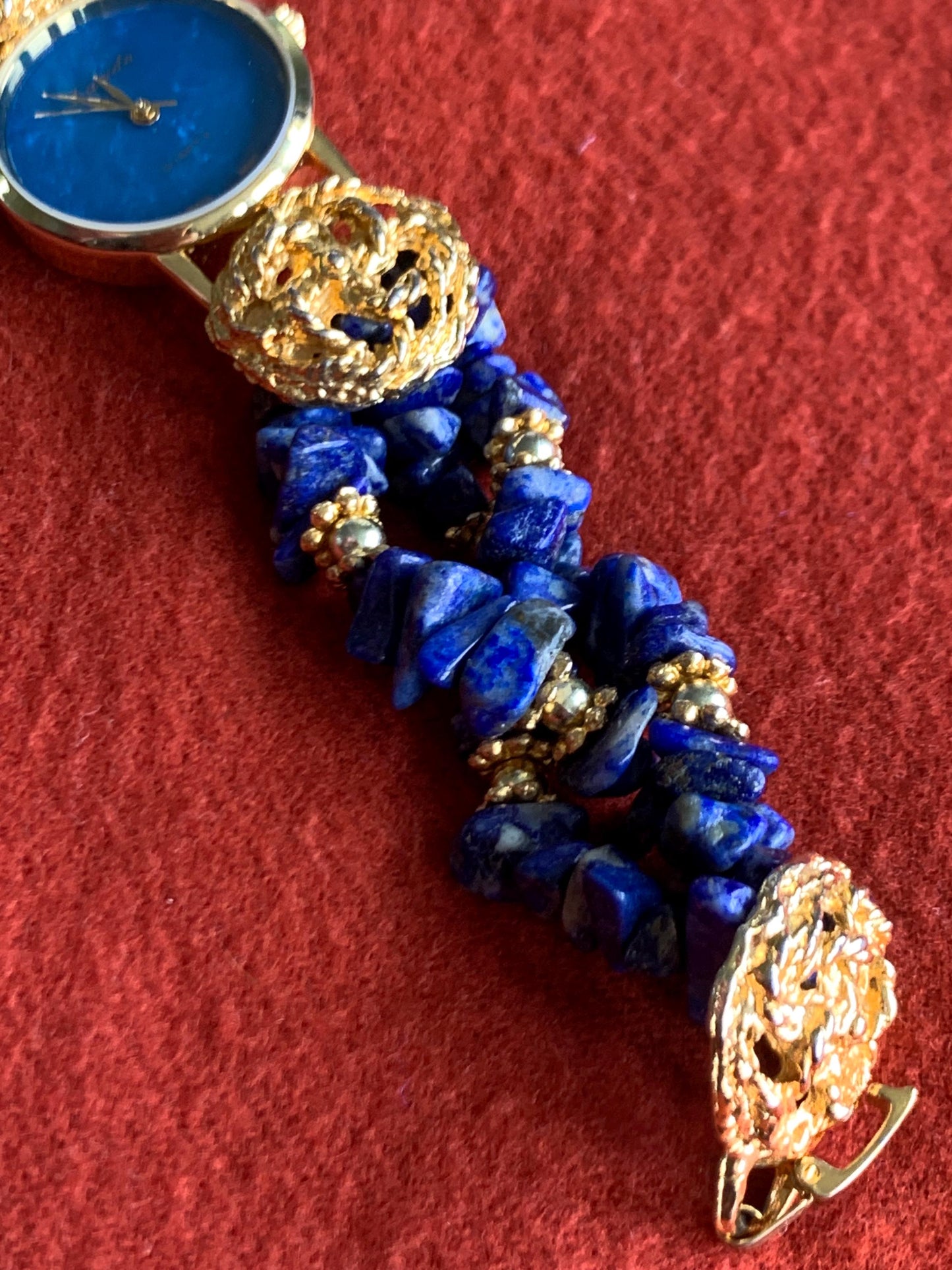 Ladies Cocktail Gemstone Bracelet Watch with Stone Dial. Lapis Lazuli Stone Bracelet with Lucida Stone Dial Watch, New Batt, 1990s Unique