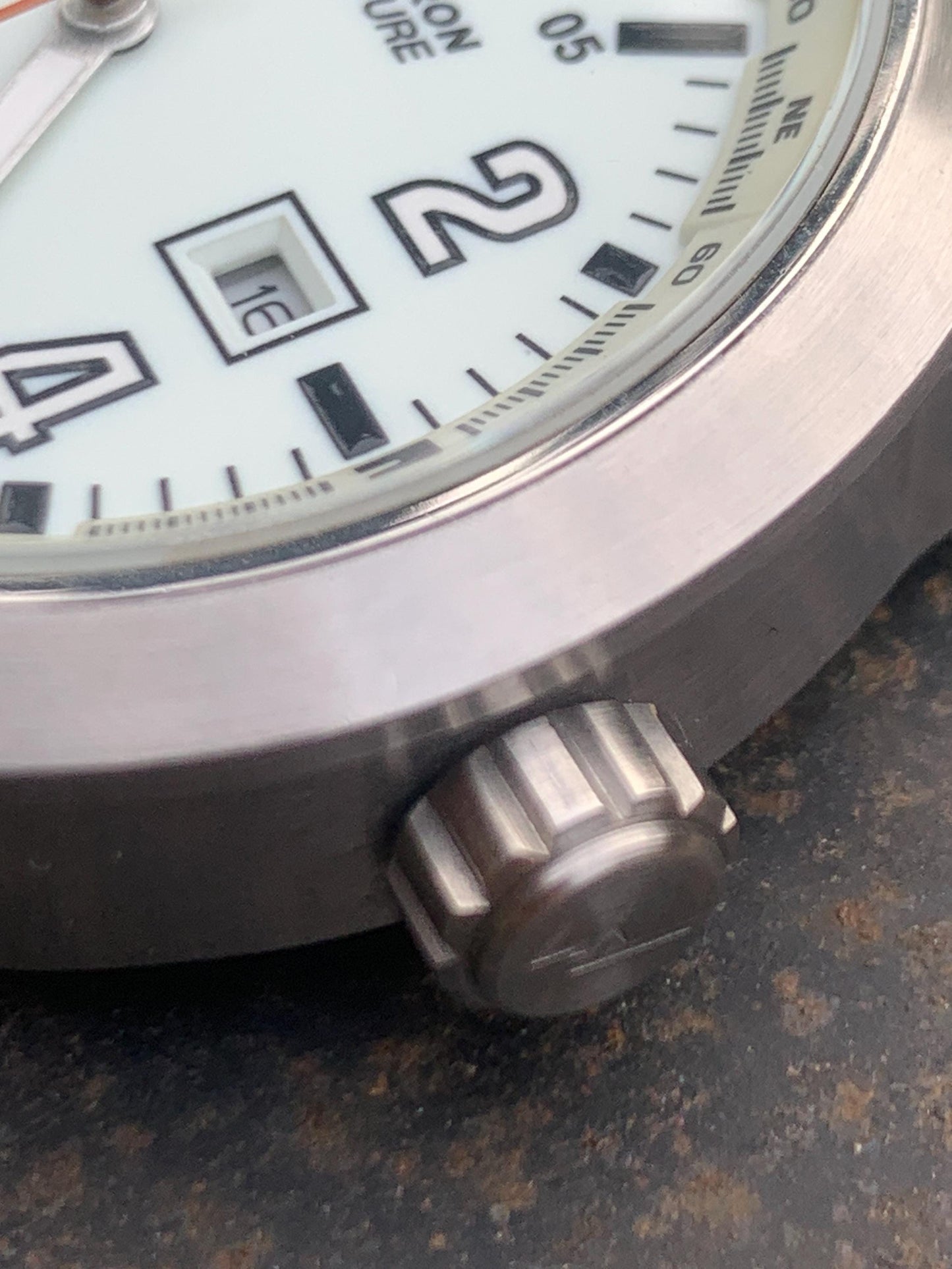 HUGE Armitron Adventure Watch - Brushed Metal, White Glowing Night Dial, 46mm! Date, Works Well, New Green Nylon Strap. New Batt. Outdoorsy