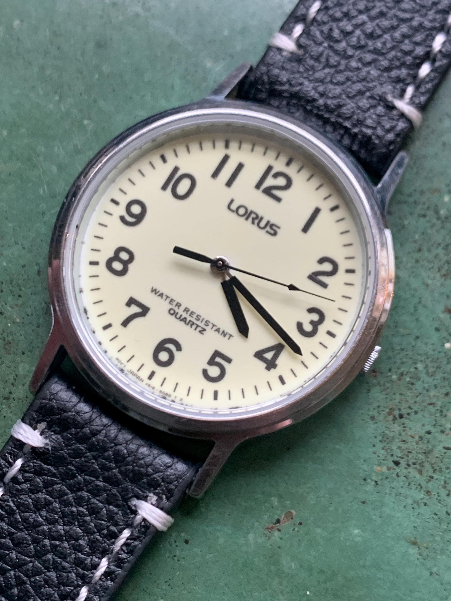 Glow in the Dark Lorus by Seiko Quartz Watch - Silver Tone, Glow in Dark Dial with new black leather Band, New Battery, 1990s, 35mm