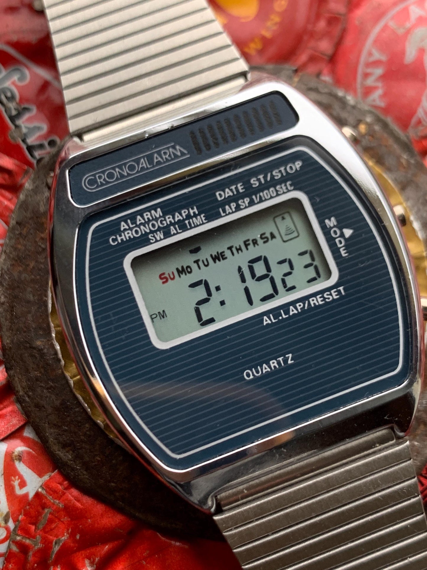 Vintage Cronoalarm Digital Quartz Watch - Pristine Early 1980s Mens LCD. New battery, original adjustable stainless bracelet. Works!