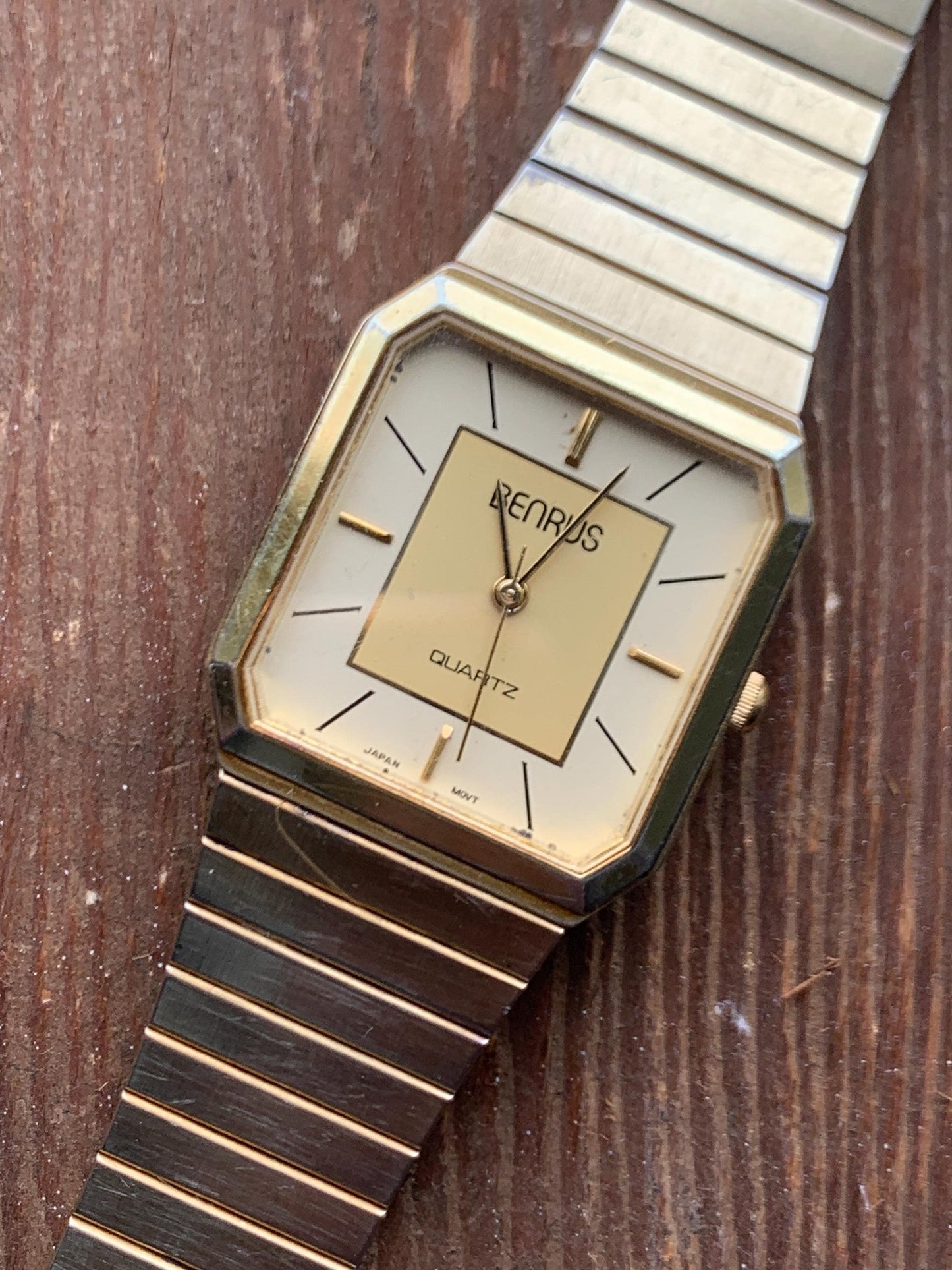 1980s Benrus Quartz Tank Watch - Retro Octagonal Tank Watch with 2-Tone Gold Dial, Gold Case & Integral Original Band. Cool Analog 80s Watch