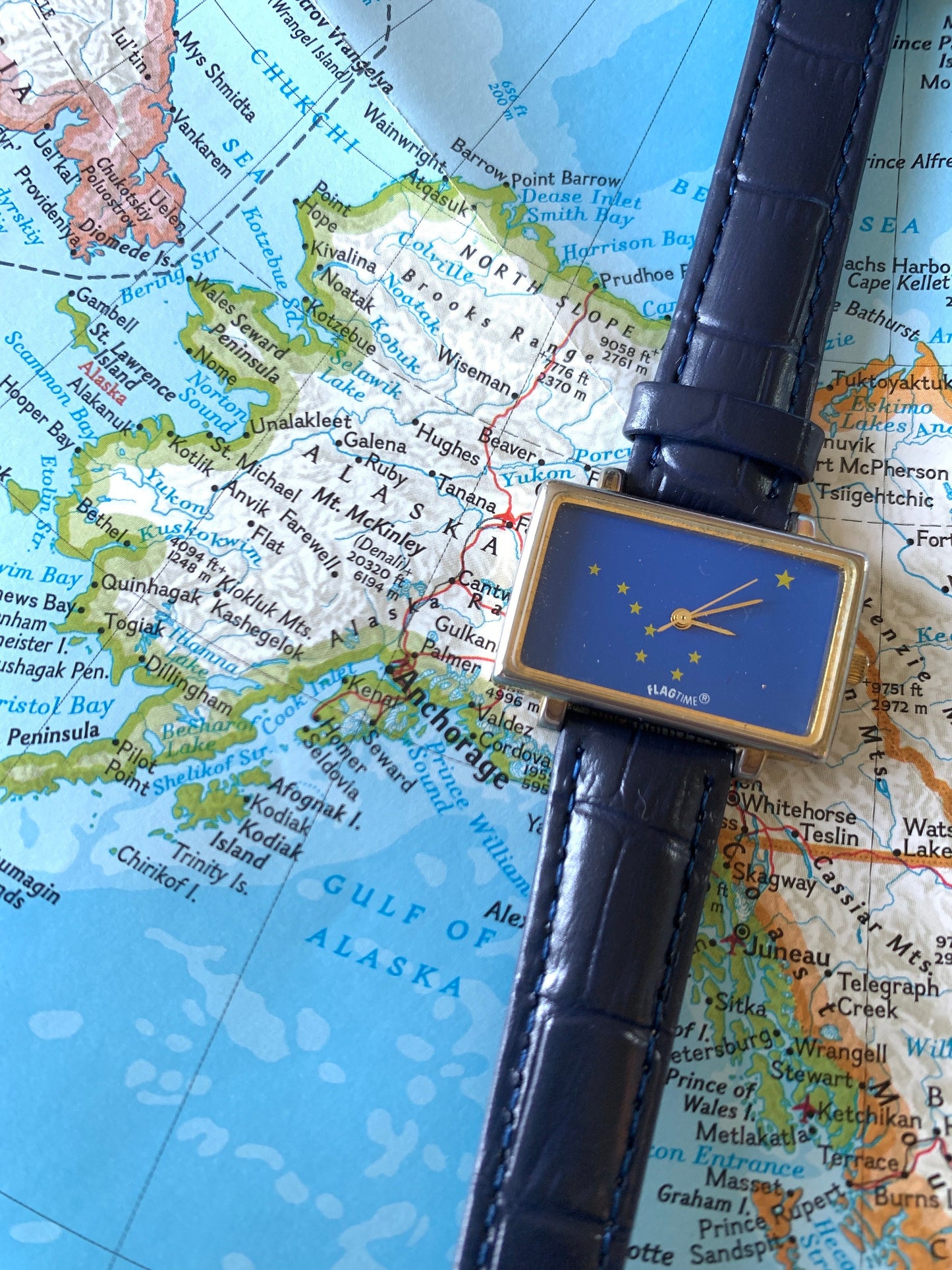 1980s Alaska Flag Watch from Flagtime Watch Co. - Rectangular Blue Dial Quartz watch with Big Dipper and North Star Flag. New Blue Strap.