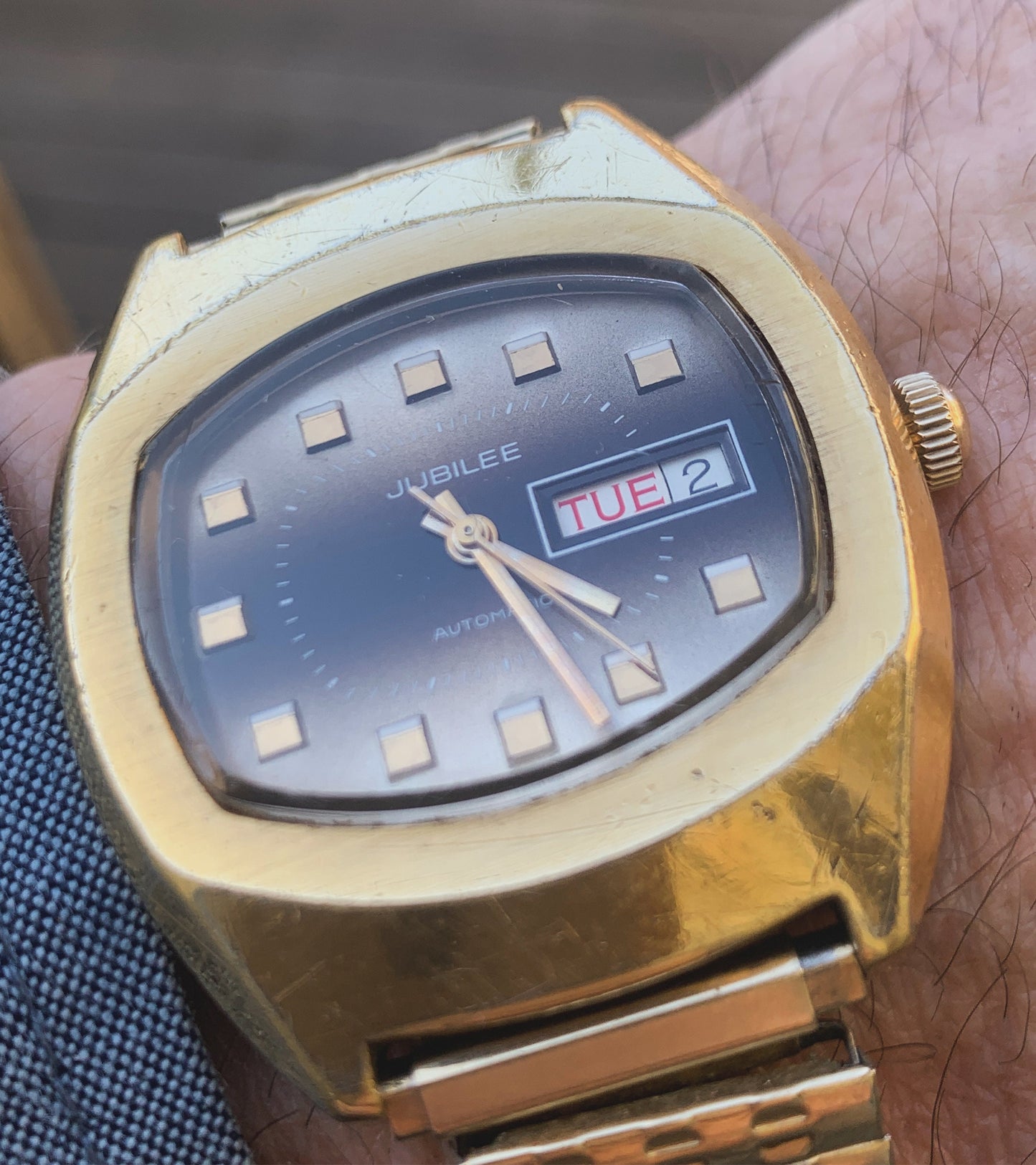 1970s Jublilee Automatic TV Style Watch with Day/Date. Fifty years of loving wear showing here and there. Great crystal, works, keeps time.