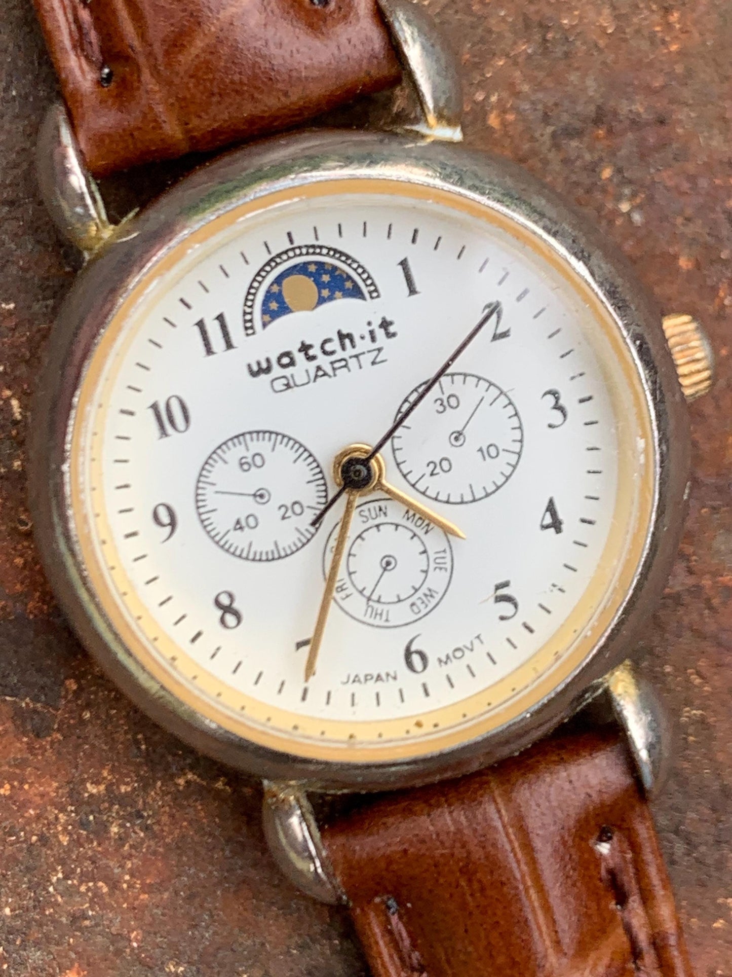 Many Many Moons Moon Phase Women's Quartz Watch - Watch-It Brand by Nelsonic. New battery. True Moon Month. Good but quite worn condition.