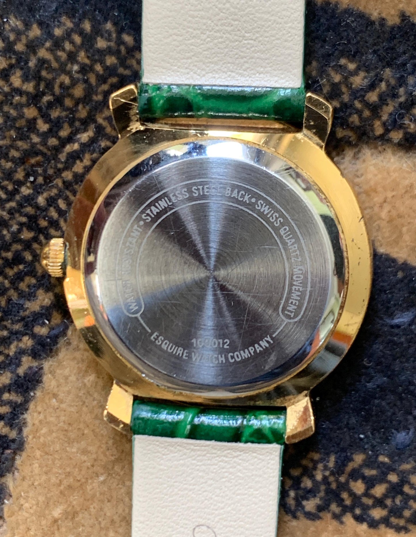 Modernist ESQ (by Movado) Roman Mother of Pearl Dial, Gold Tone Fancy Lugs, 90s, New Crocodile Pattern Green Band. 28mm. Swiss ETA Movement.