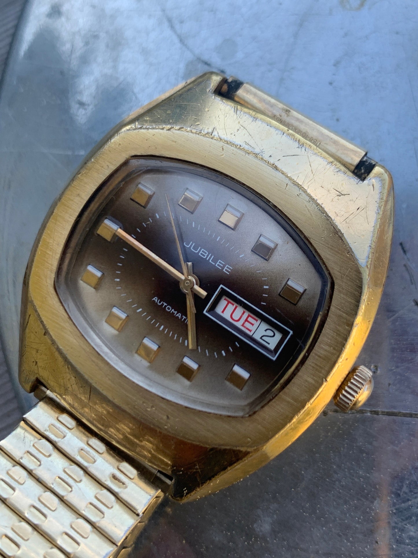 1970s Jublilee Automatic TV Style Watch with Day/Date. Fifty years of loving wear showing here and there. Great crystal, works, keeps time.