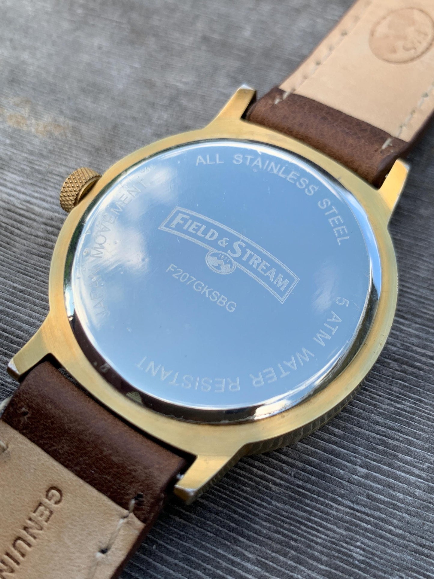 Field & Stream Sporty 44mm Watch - Brushed Gold Metal, Black Dial, Lume, Date, Works Well, Original Gently Worn Leather Strap. New Battery.