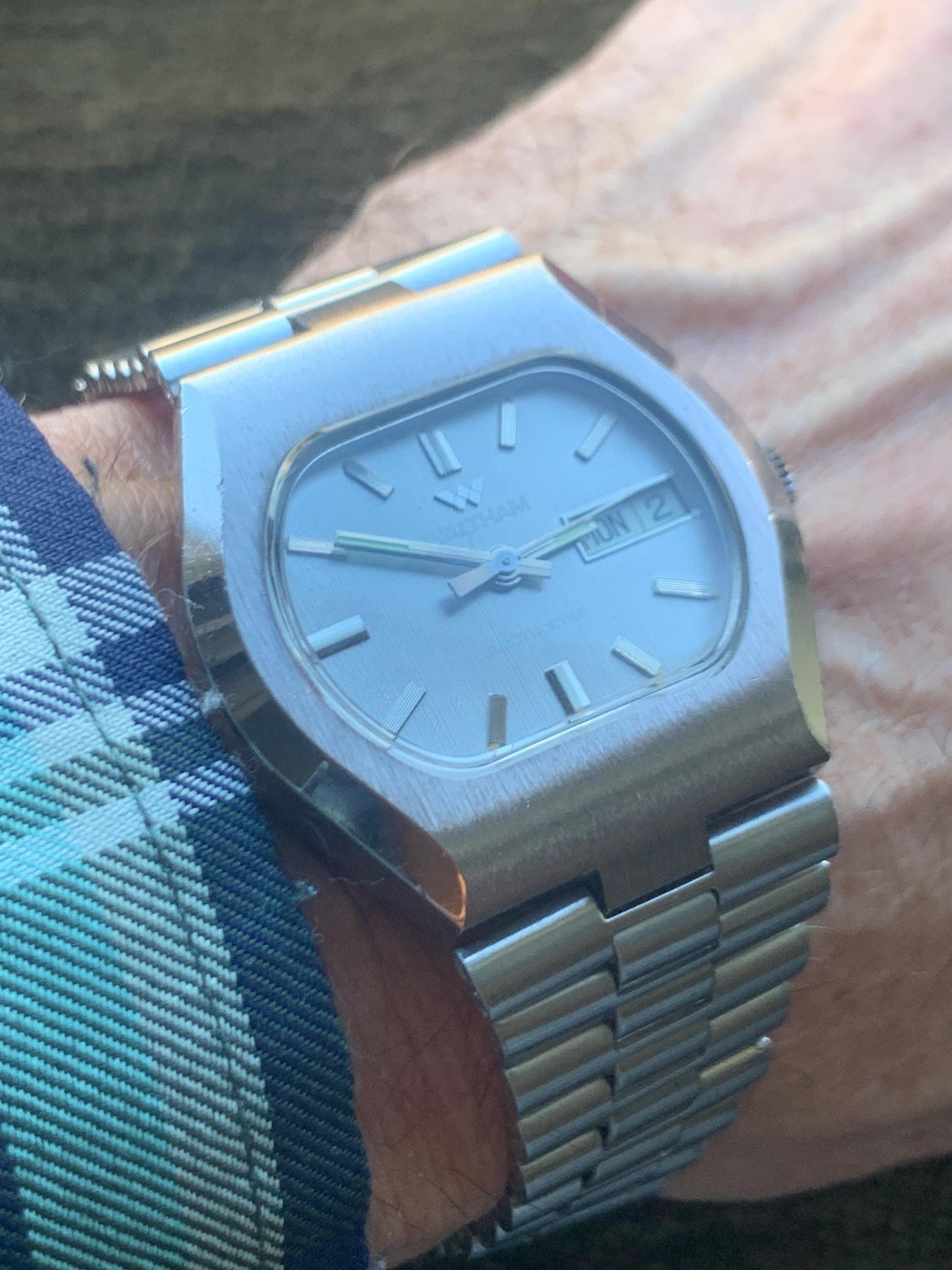 1970s Cool Waltham Electrodyne. TV Style Bezel  and Dial. Silver Tone, Day & Date. Original Bracelet! Heavy, Bold Design. Immaculate.